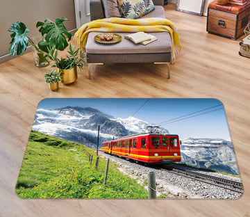 3D Snow Mountain Grassland Red Train 68110 Vehicle Non Slip Rug Mat