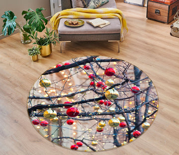 3D Branches Red Yellow Ball 54149 Christmas Round Non Slip Rug Mat Xmas