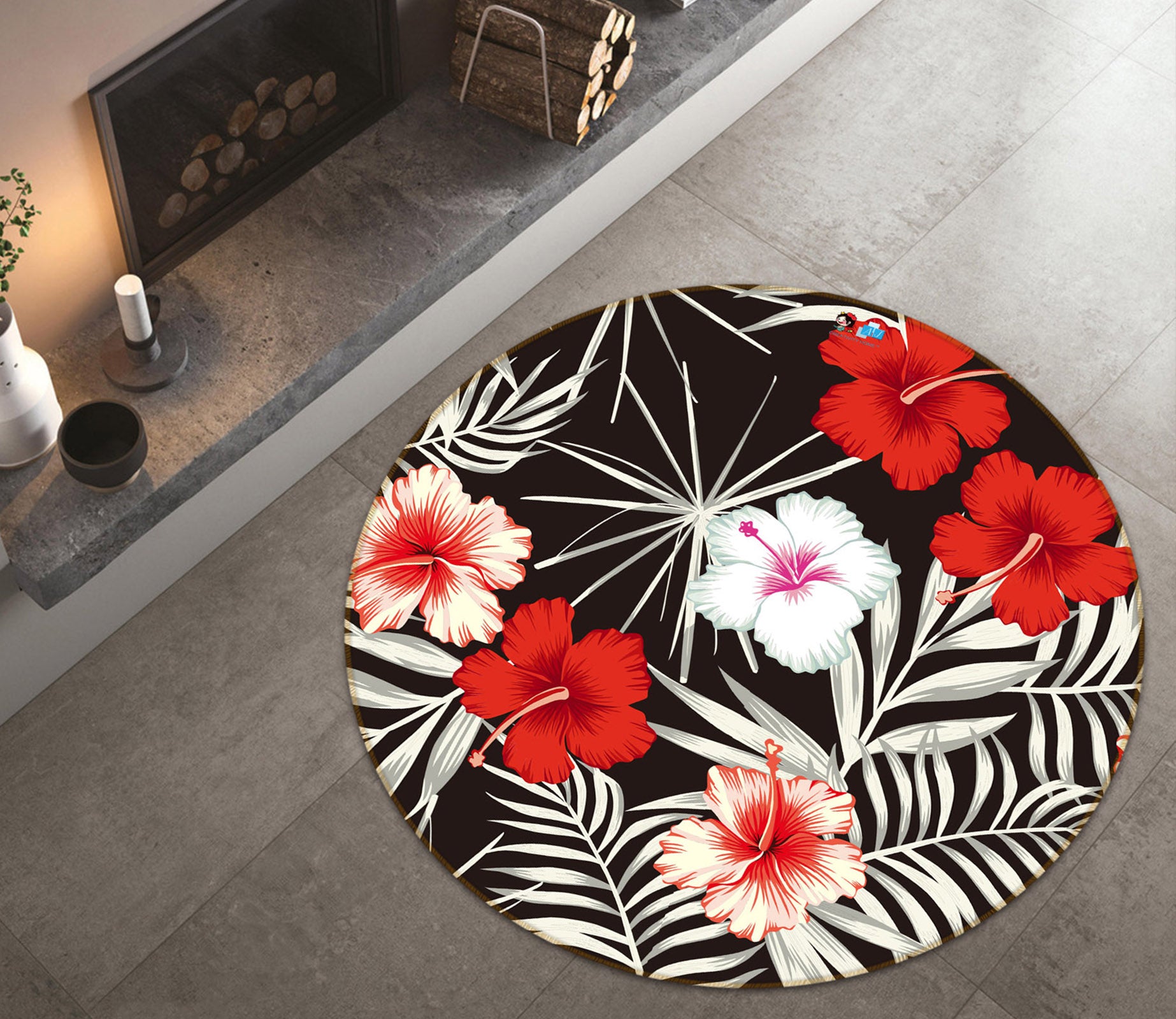 3D Black Red Flowers 81061 Round Non Slip Rug Mat