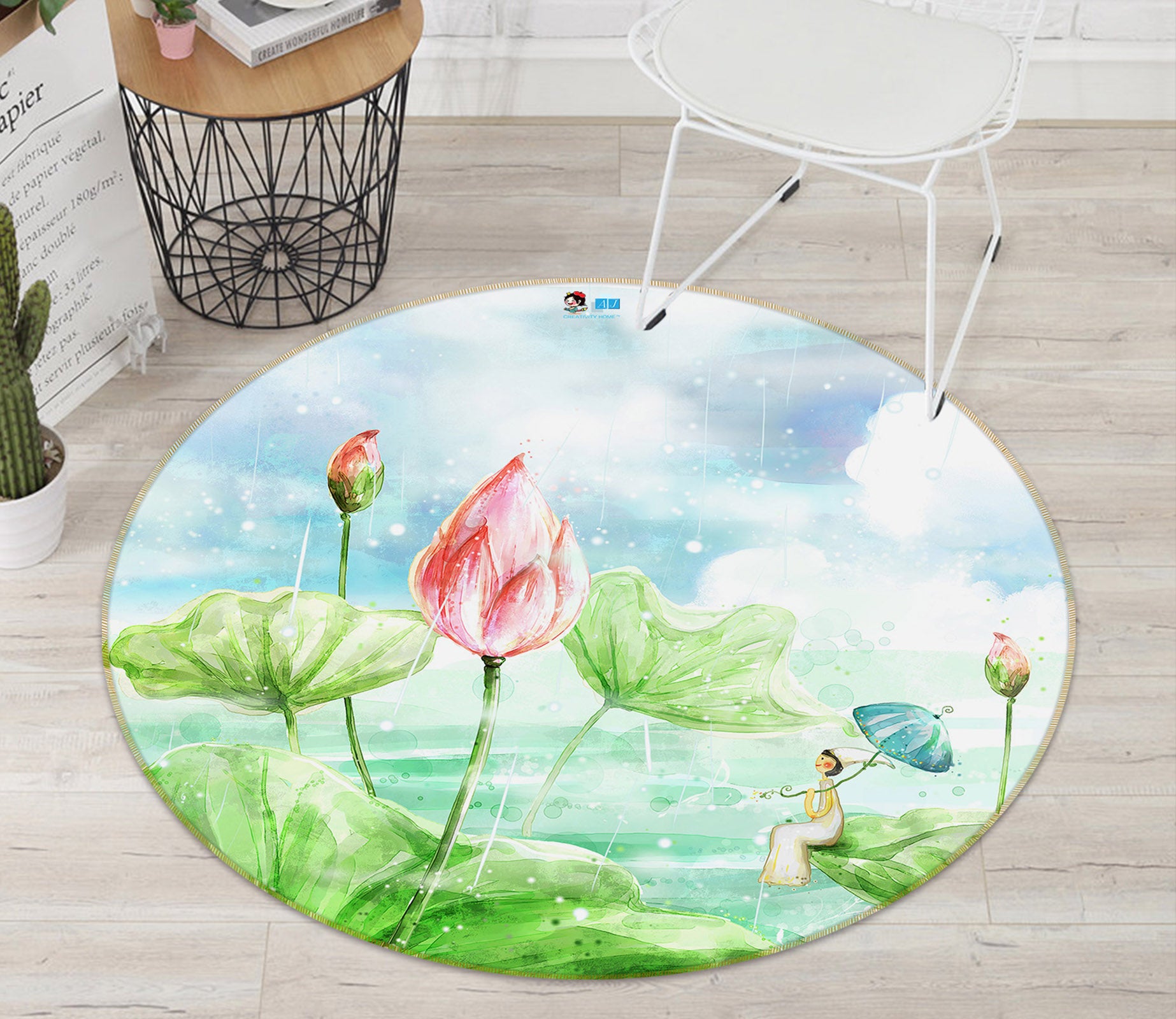3D Watercolor Lotus 74065 Round Non Slip Rug Mat