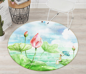 3D Watercolor Lotus 74065 Round Non Slip Rug Mat