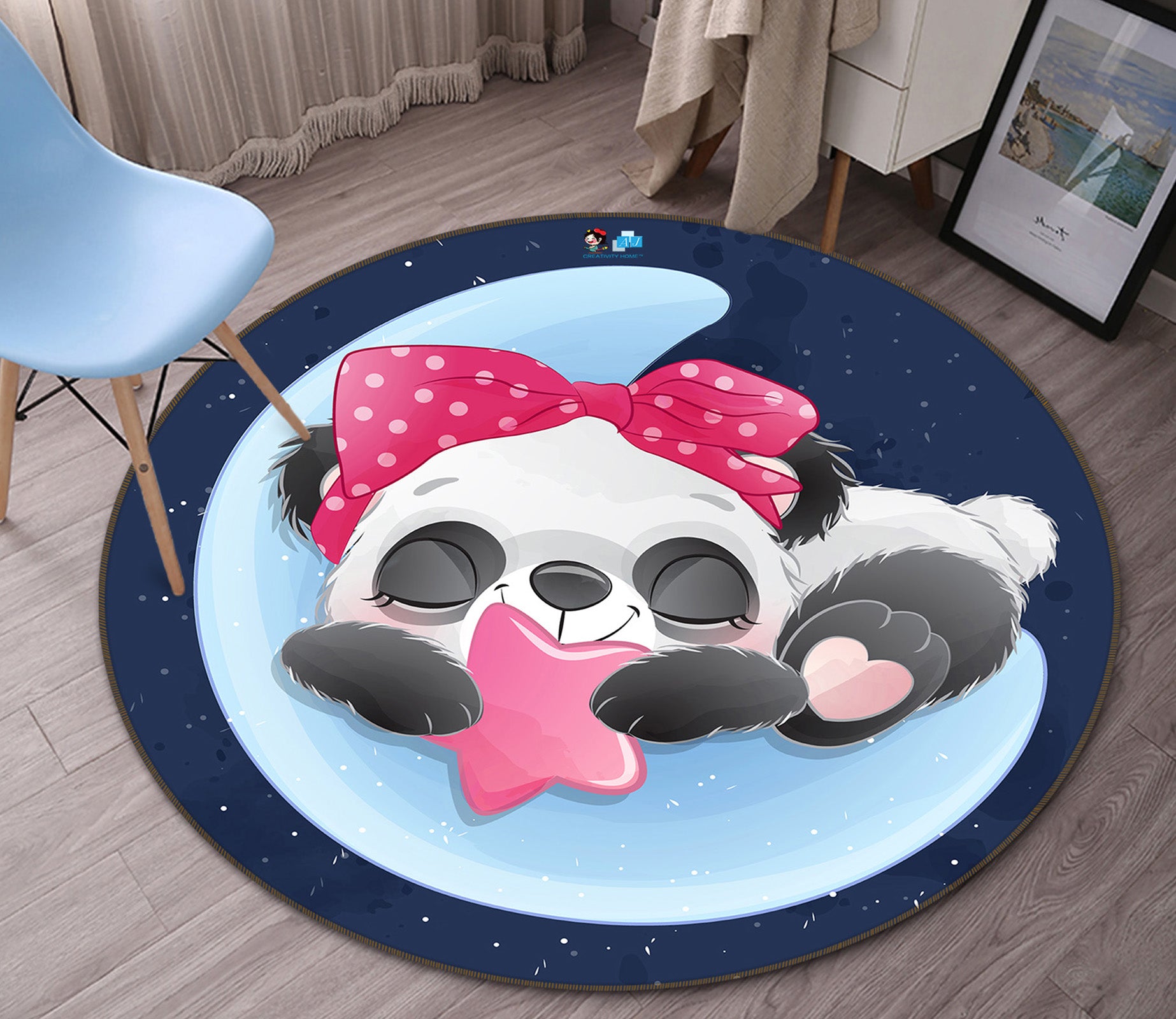 3D Blue Moon Panda 74236 Round Non Slip Rug Mat