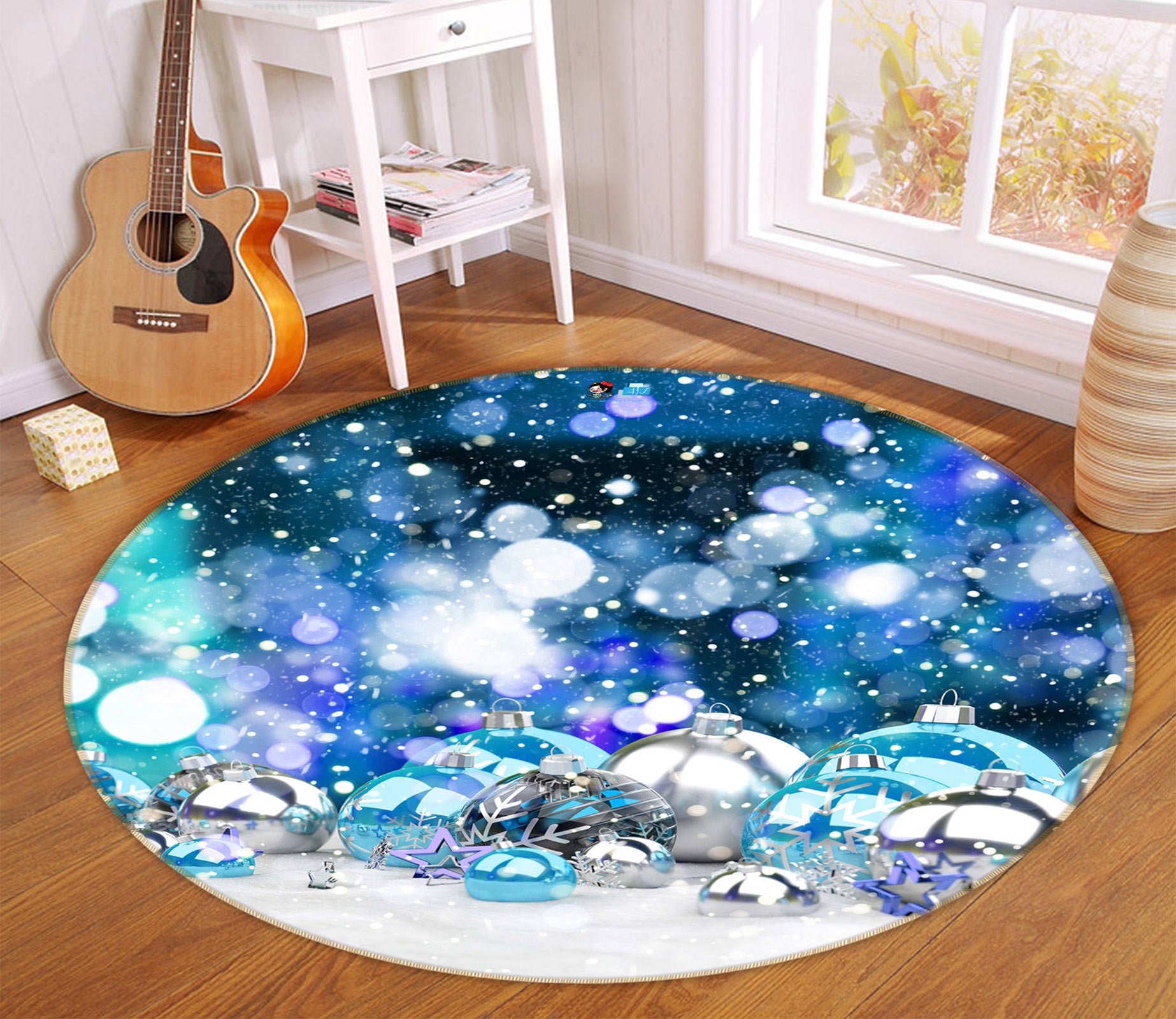 3D Blue Silver Ball 54046 Christmas Round Non Slip Rug Mat Xmas