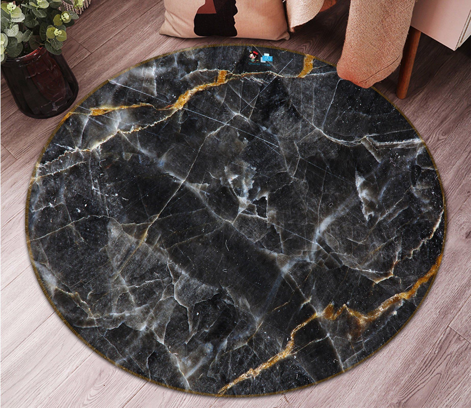 3D Stone Pattern Black 110 Round Non Slip Rug Mat Mat AJ Creativity Home 