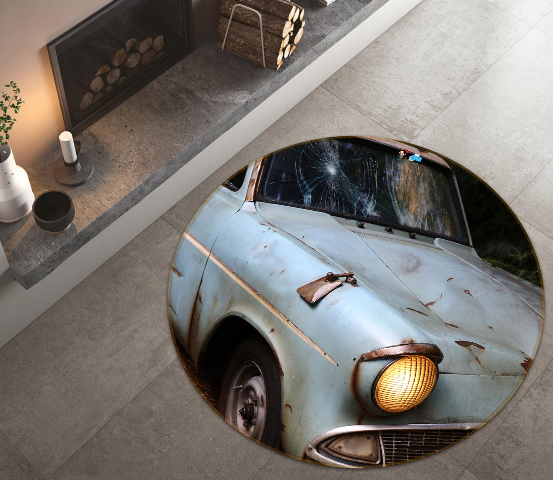 3D Old Car 72117 Round Non Slip Rug Mat