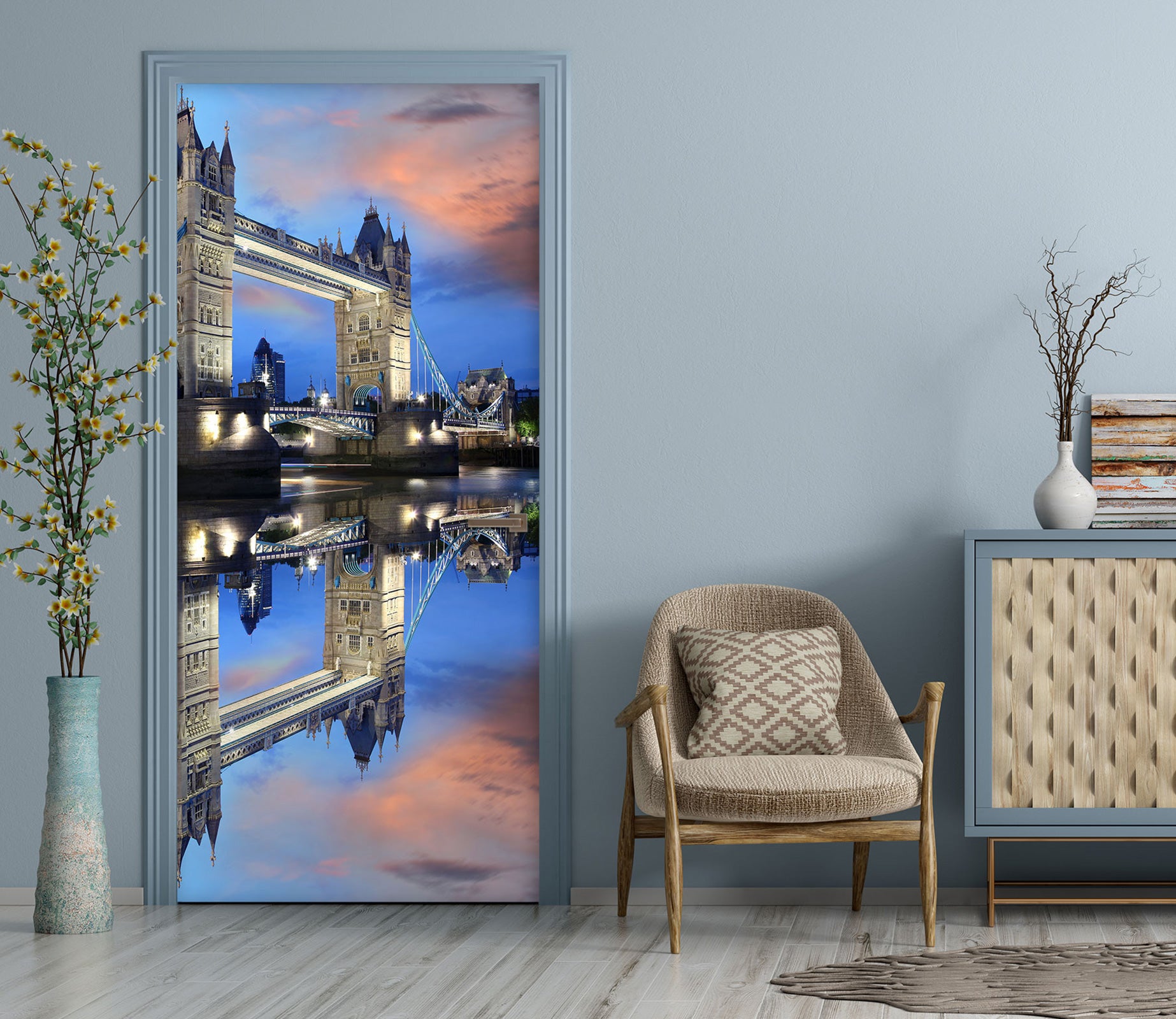 3D City River 169 Door Mural