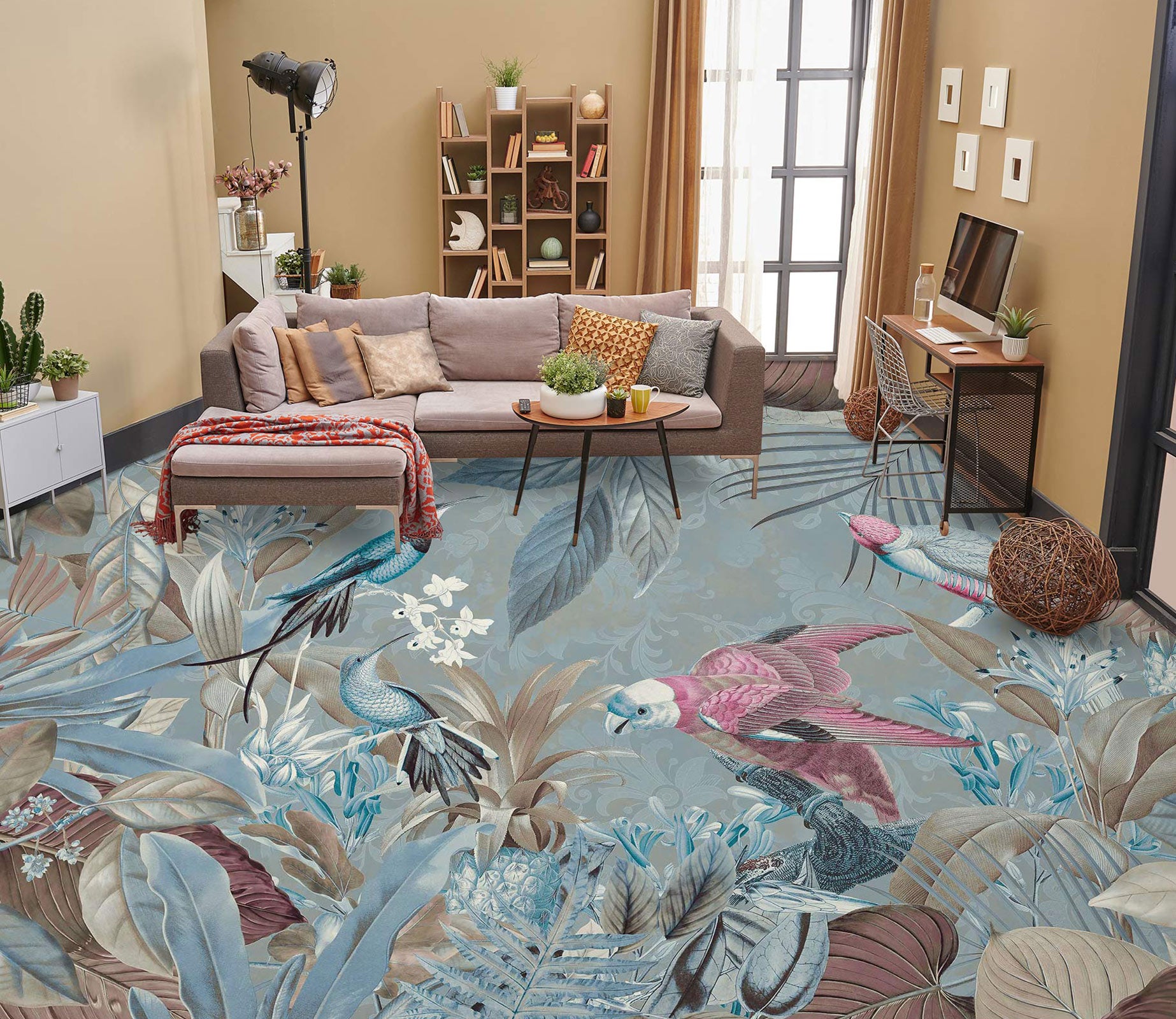 3D Bushes Leaves Blue Bird Red Parrot 10051 Andrea Haase Floor Mural