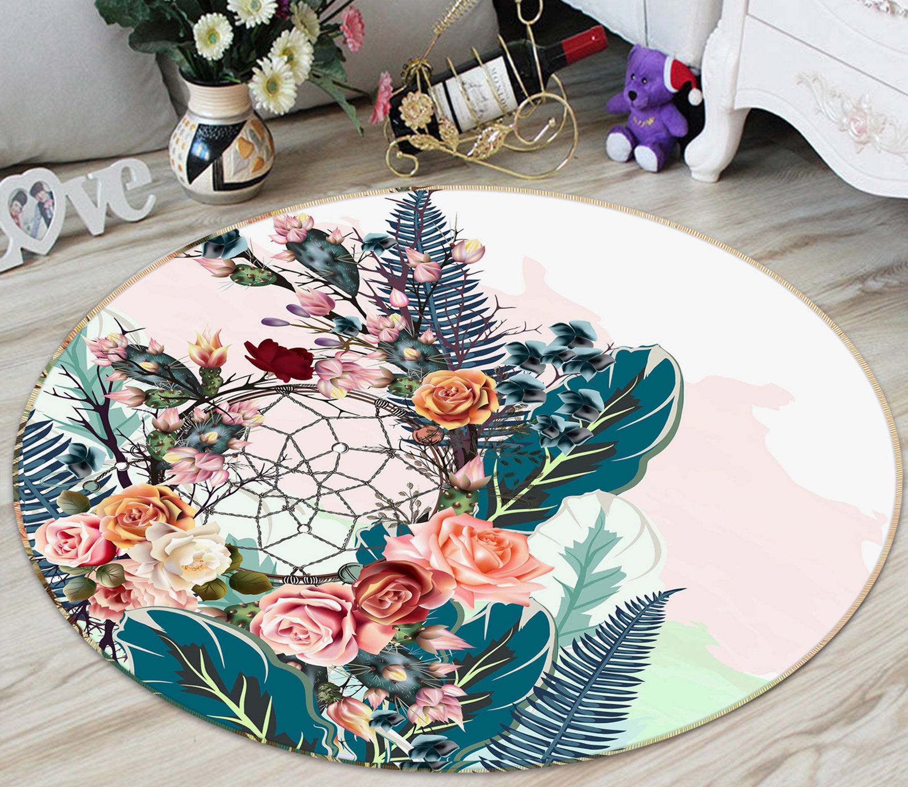 3D Flowers 29025 Round Non Slip Rug Mat