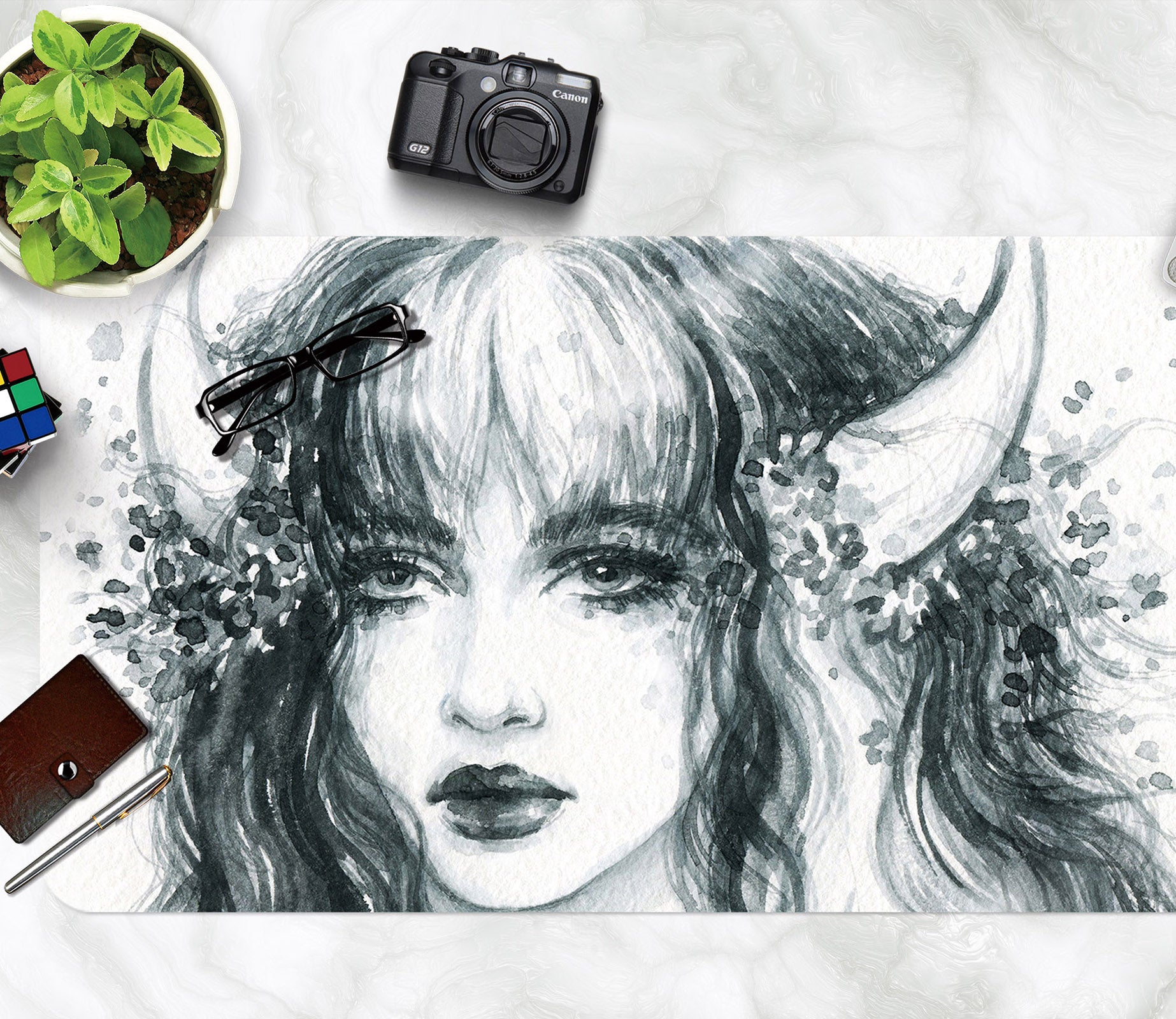 3D Horned Girl 17161 Desk Mat