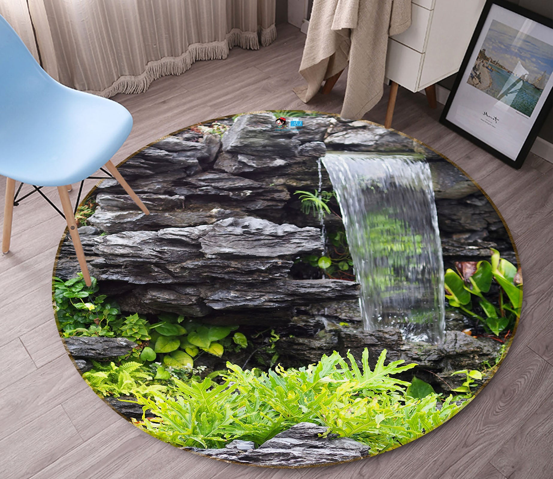 3D Stone Running Water 69098 Round Non Slip Rug Mat