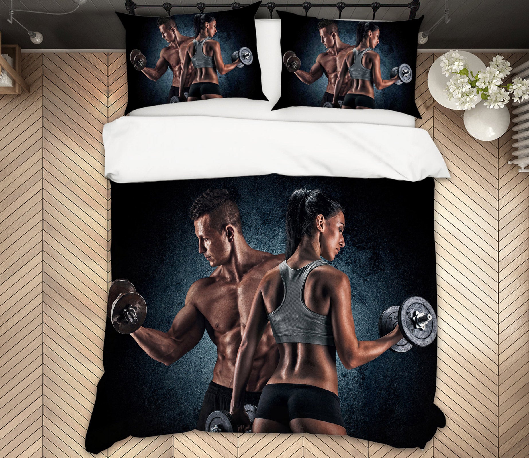 3D Men Women Lifting Dumbbells 14142 Bed Pillowcases Quilt