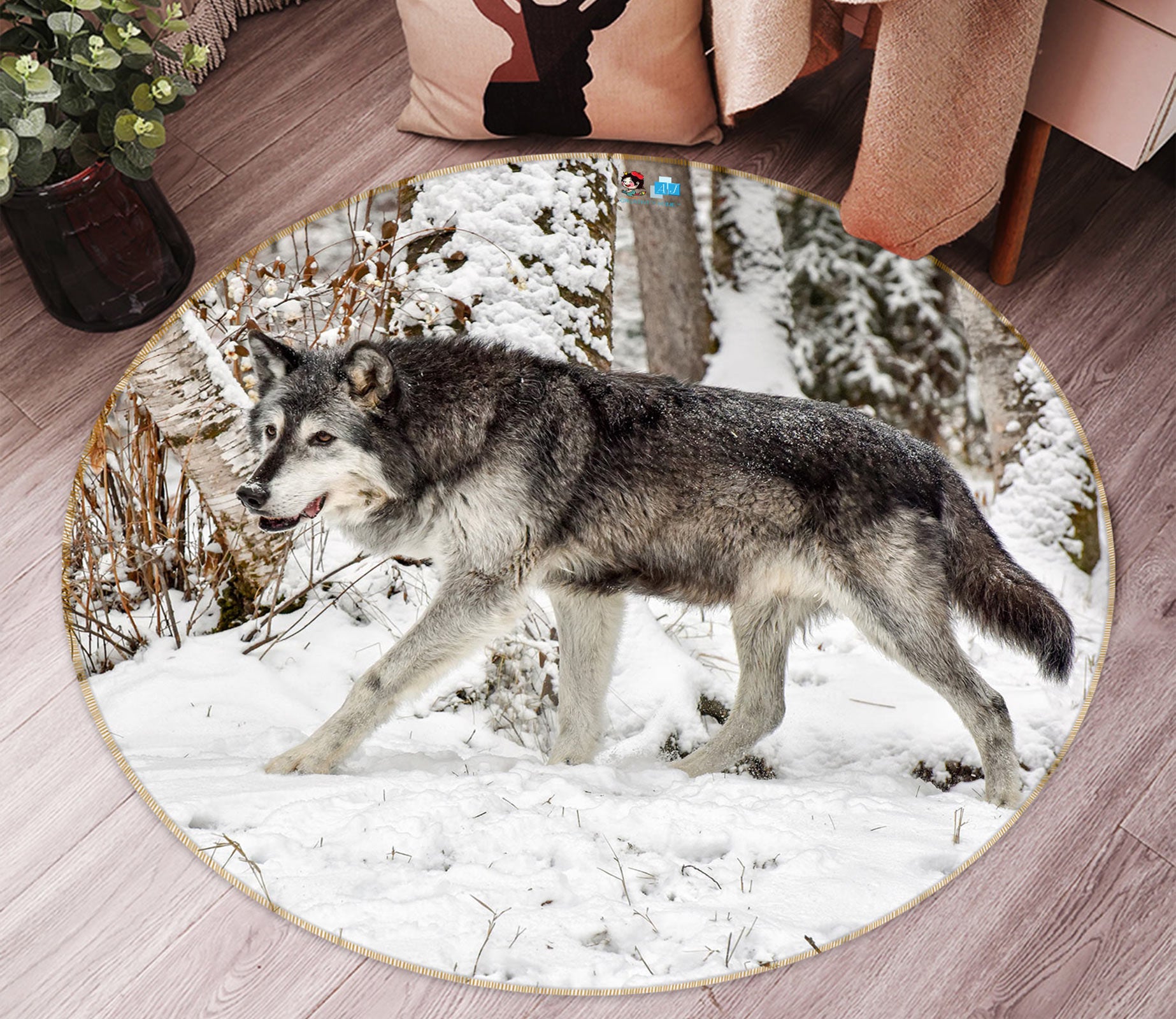 3D Snowfield Wolf 81156 Round Non Slip Rug Mat