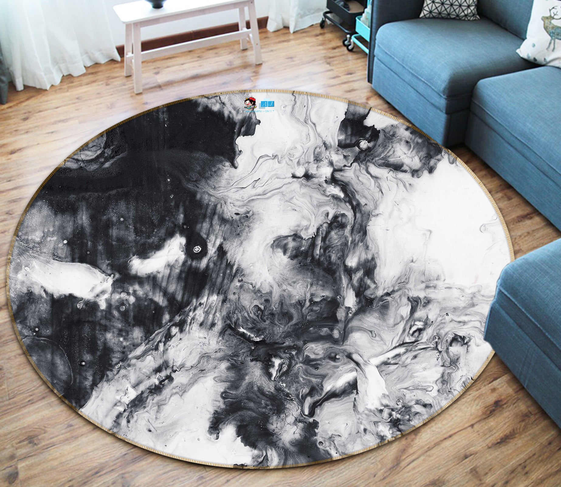 3D Black White Abstract Texture 74176 Round Non Slip Rug Mat