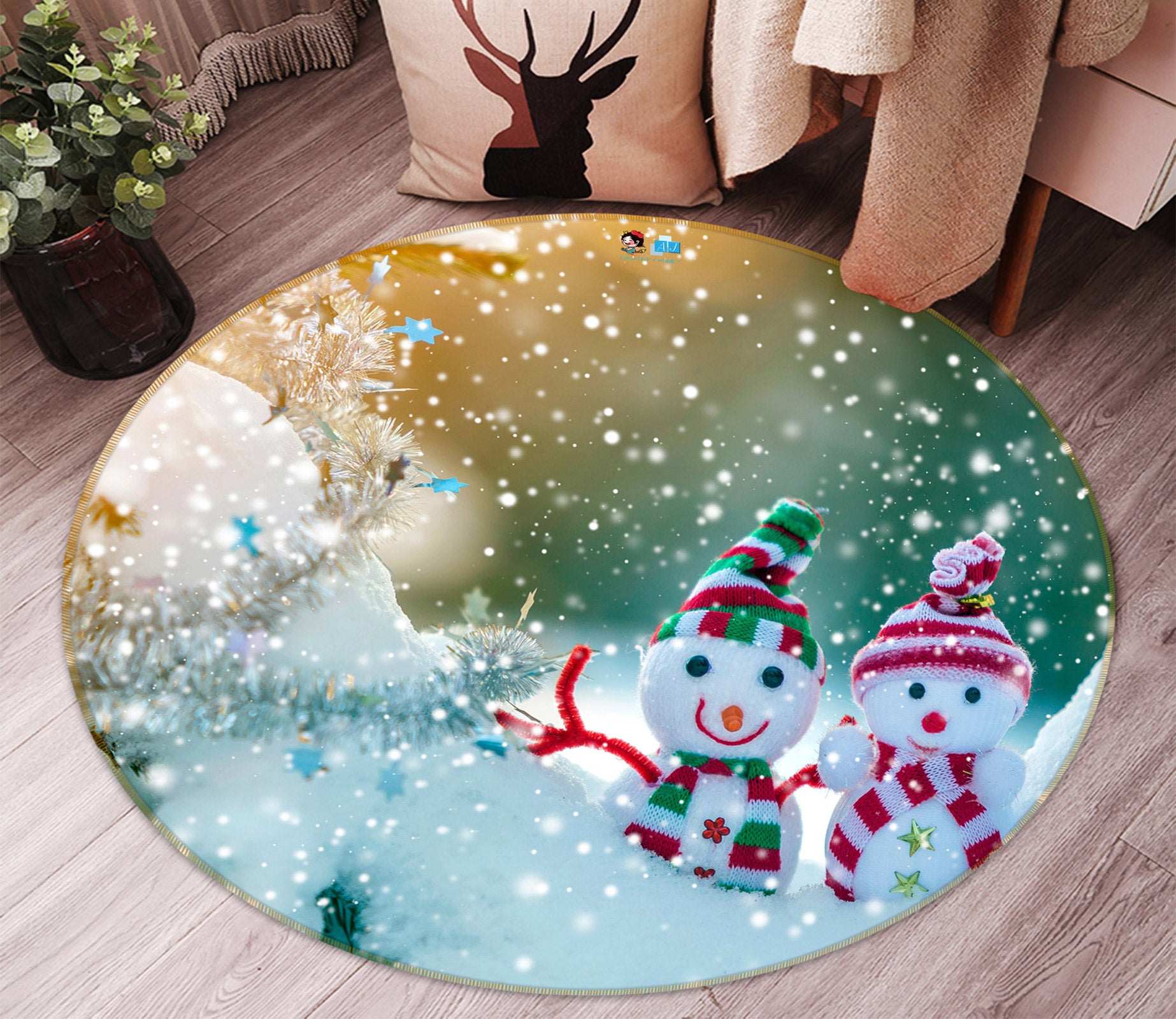 3D Snowman 54078 Christmas Round Non Slip Rug Mat Xmas