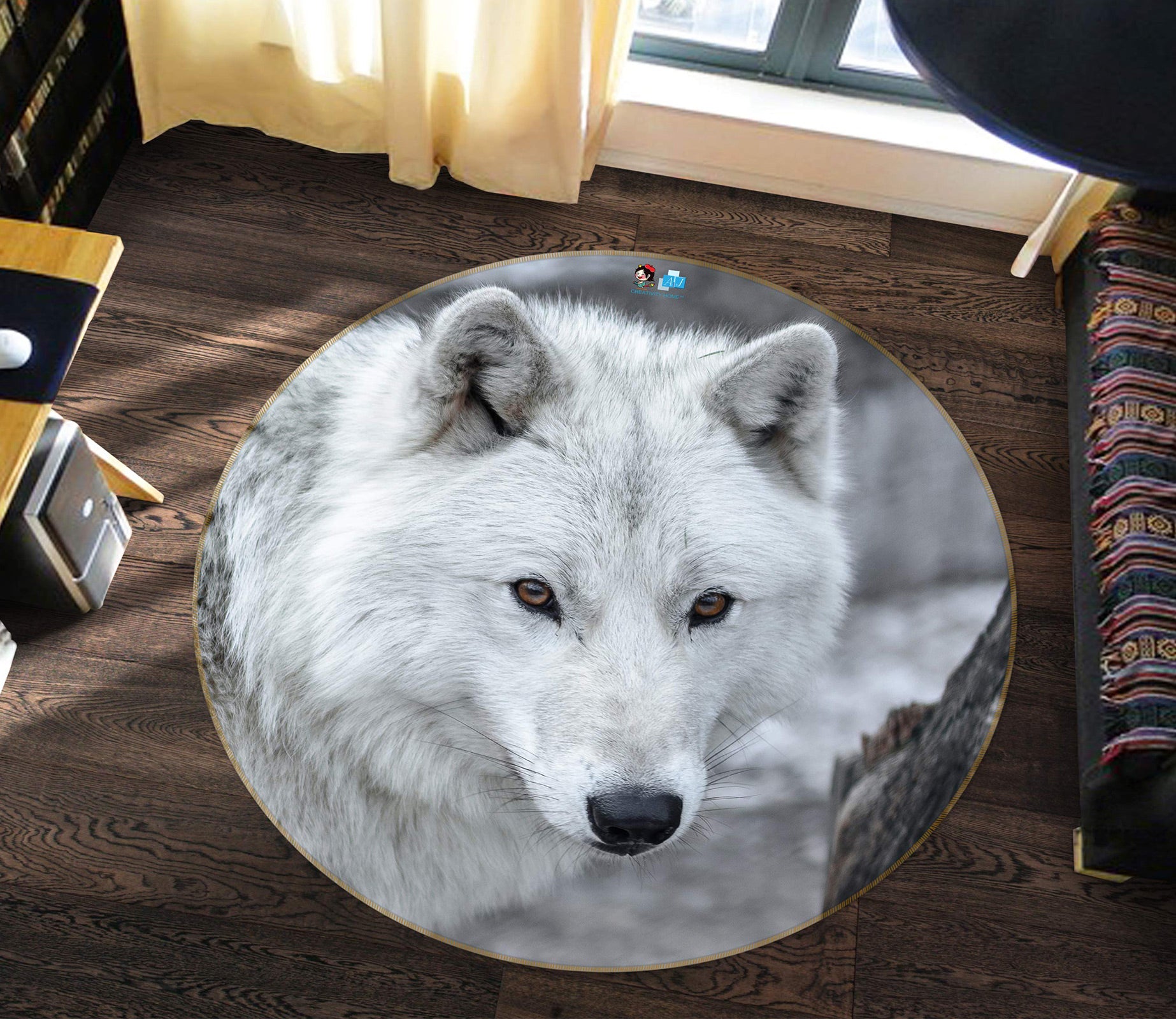 3D White Wolf 81181 Round Non Slip Rug Mat