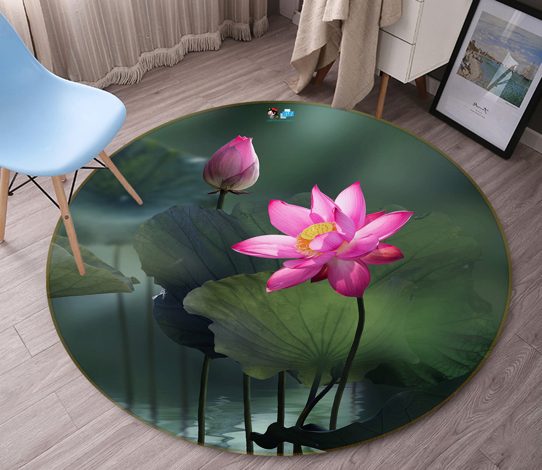 3D Lotus Pond 71174 Round Non Slip Rug Mat