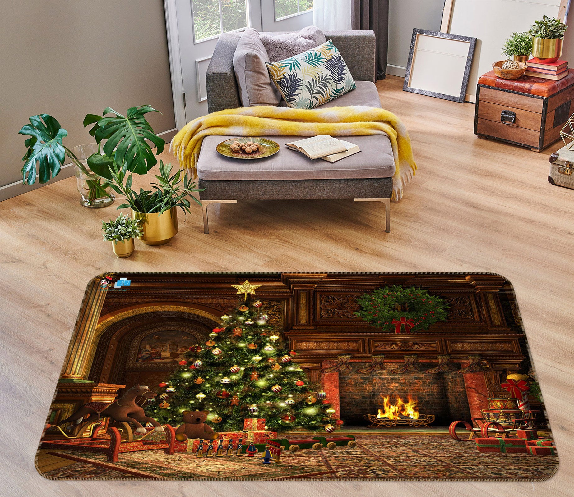 3D Tree Fireplace 54217 Christmas Non Slip Rug Mat Xmas
