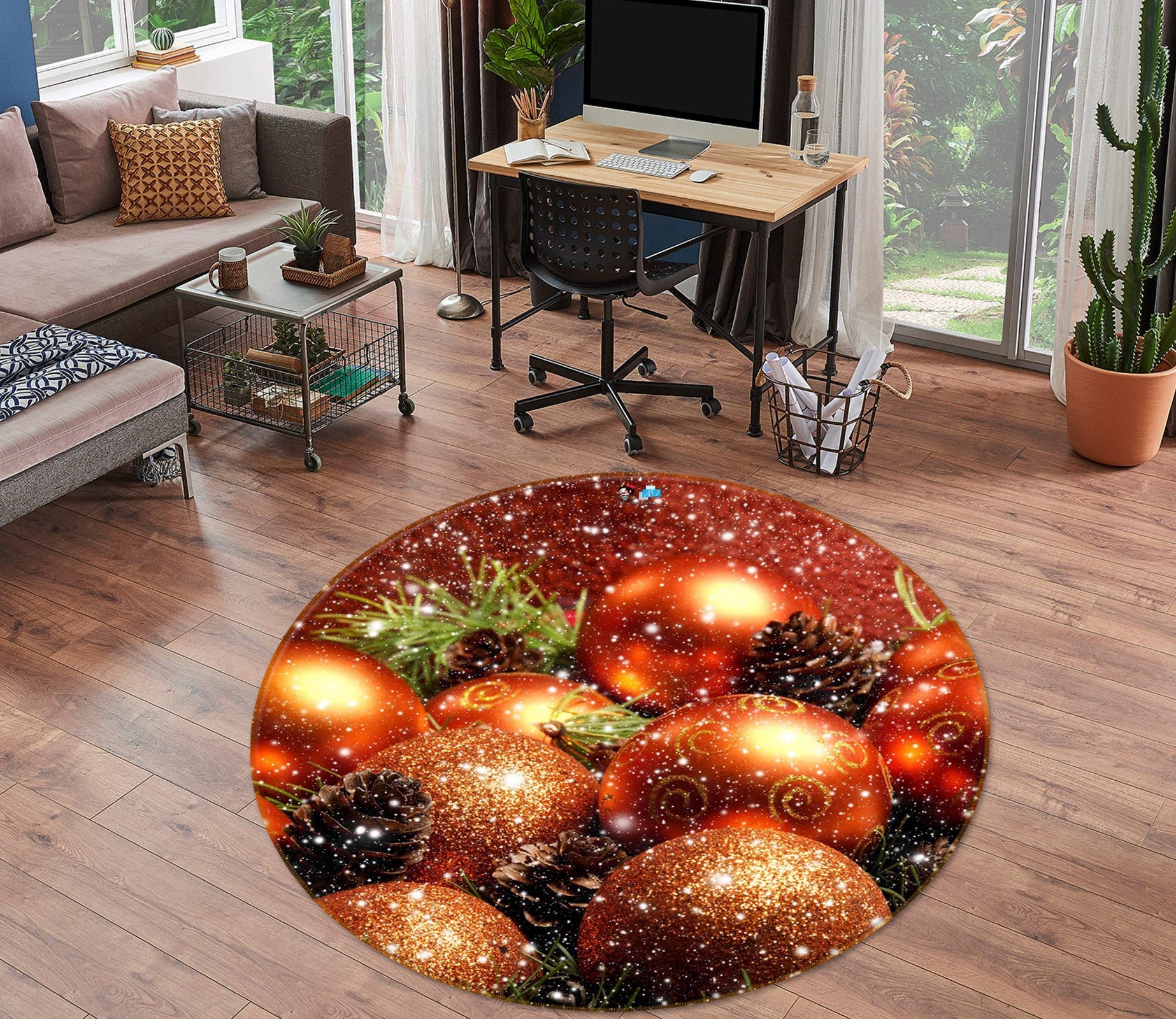 3D Golden Ball 54122 Christmas Round Non Slip Rug Mat Xmas