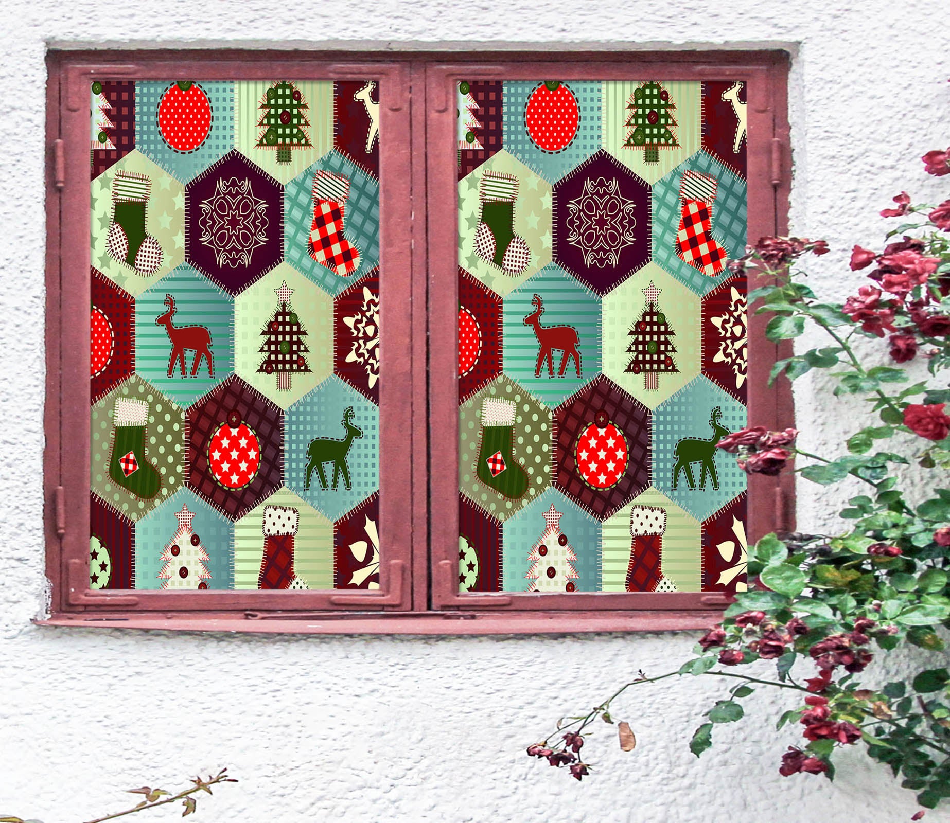 3D Hexagon Christmas Pattern 42193 Christmas Window Film Print Sticker Cling Stained Glass Xmas