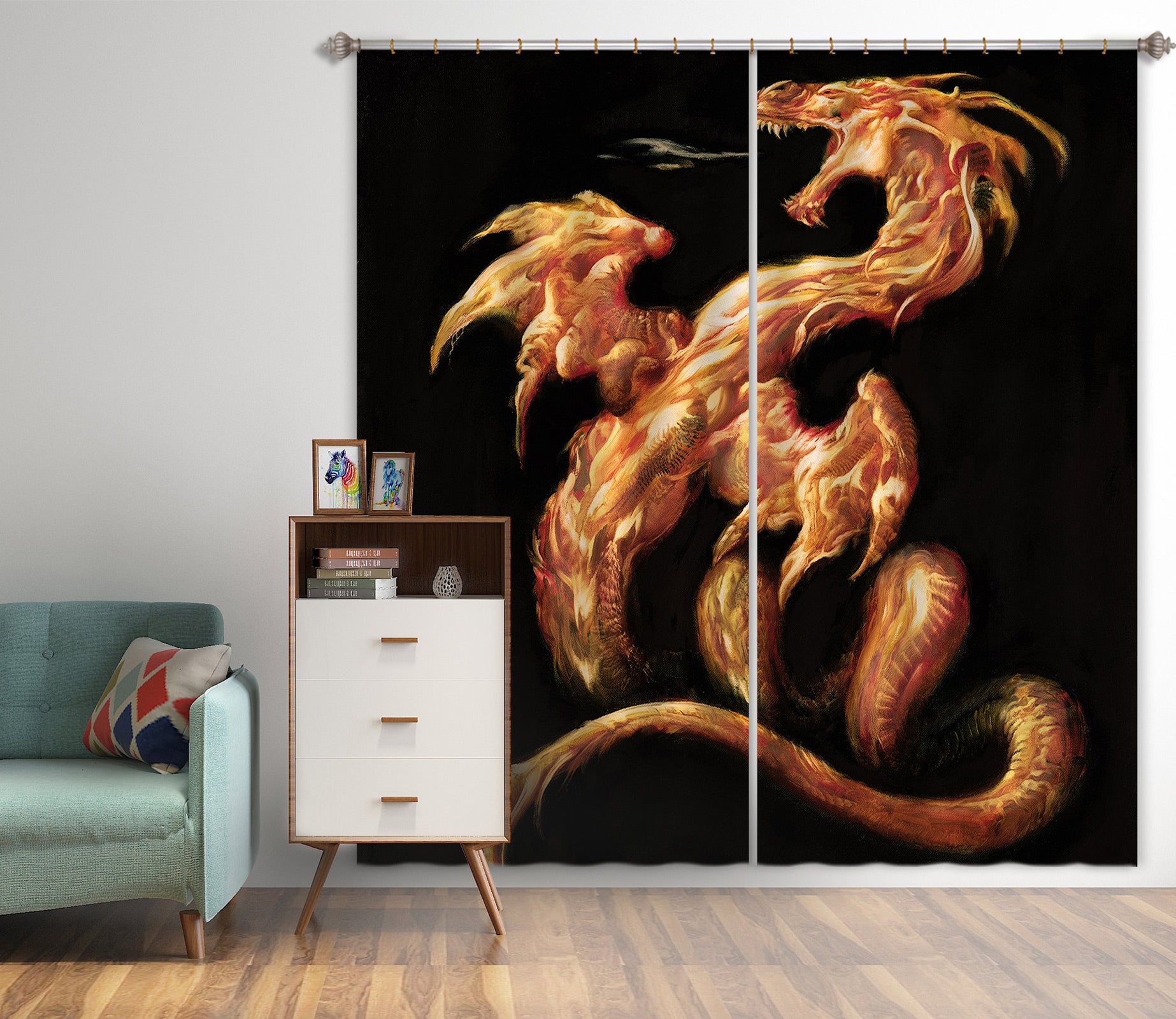 3D Dragon Golden 8008 Ciruelo Curtain Curtains Drapes