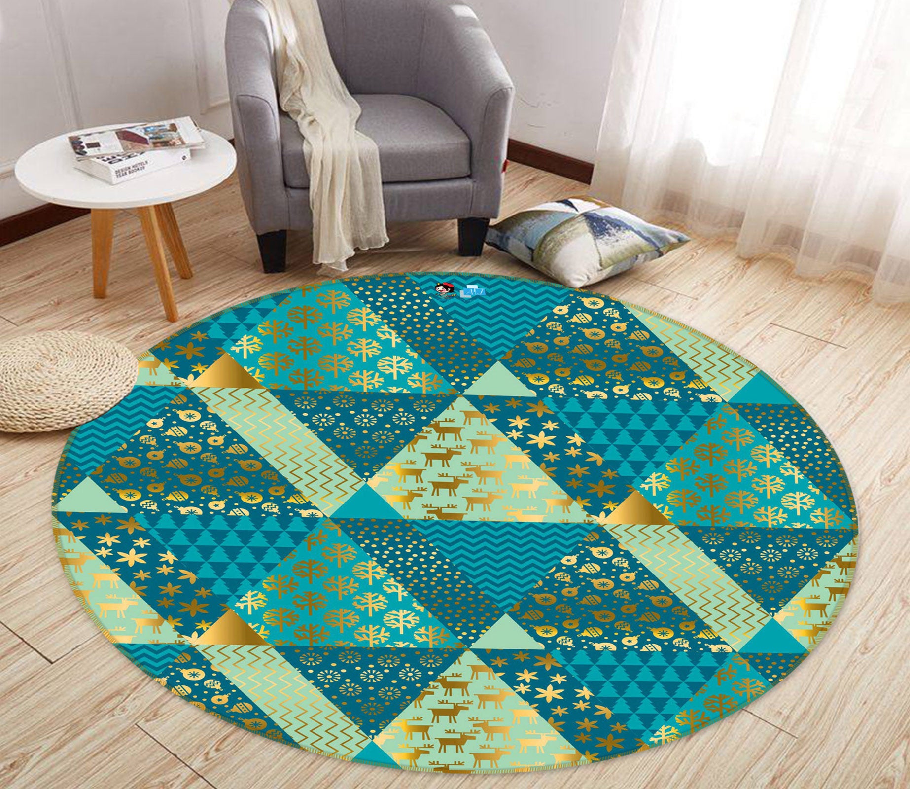 3D Green Triangle Pattern 54063 Christmas Round Non Slip Rug Mat Xmas