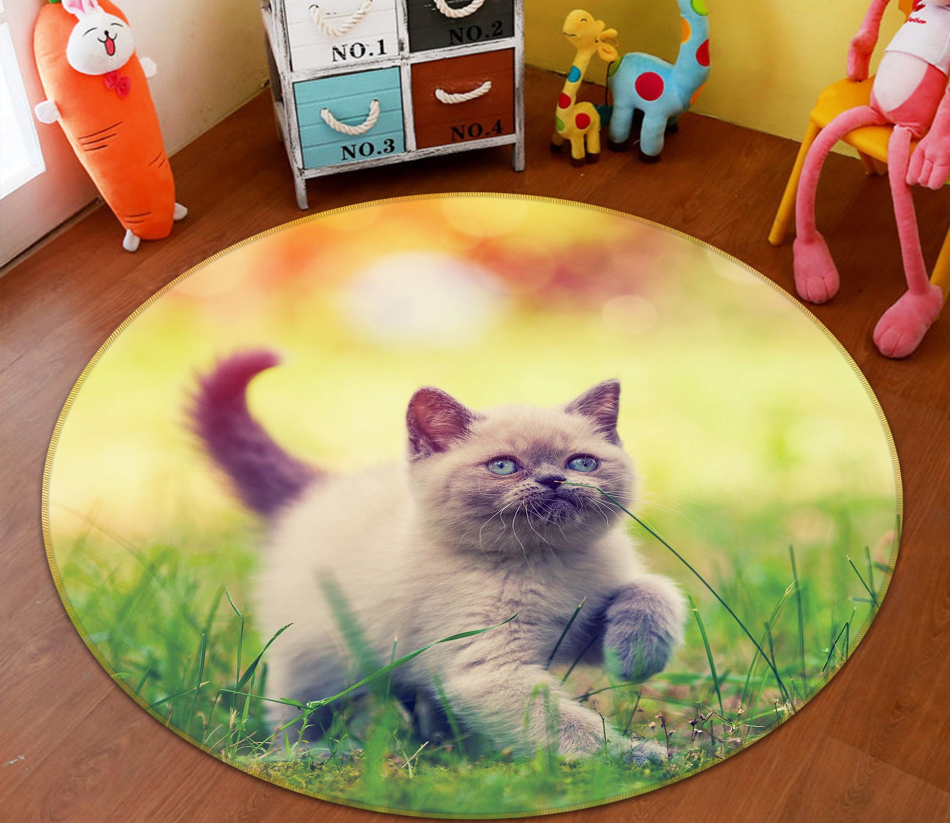 3D Grassland Kitten 29033 Round Non Slip Rug Mat