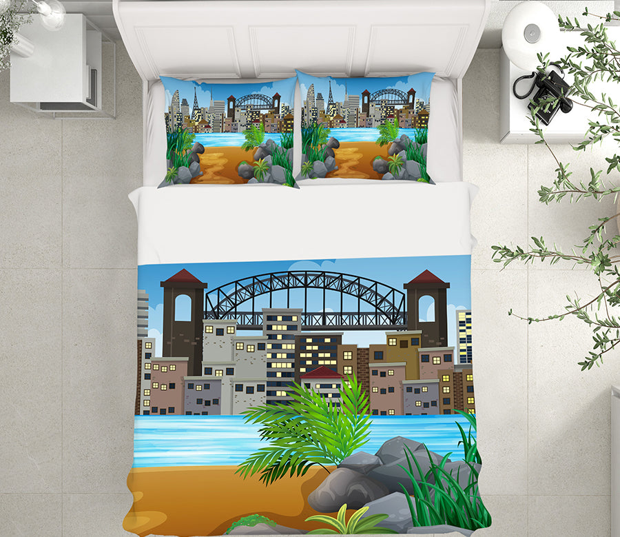 3D Houses River Bridge 19168 Bed Pillowcases Quilt
