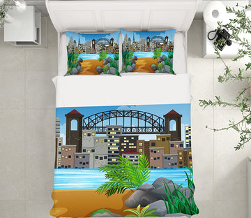 3D Houses River Bridge 19168 Bed Pillowcases Quilt