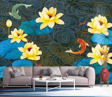 3D Yellow Lotus Goldfish WC2778 Wall Murals