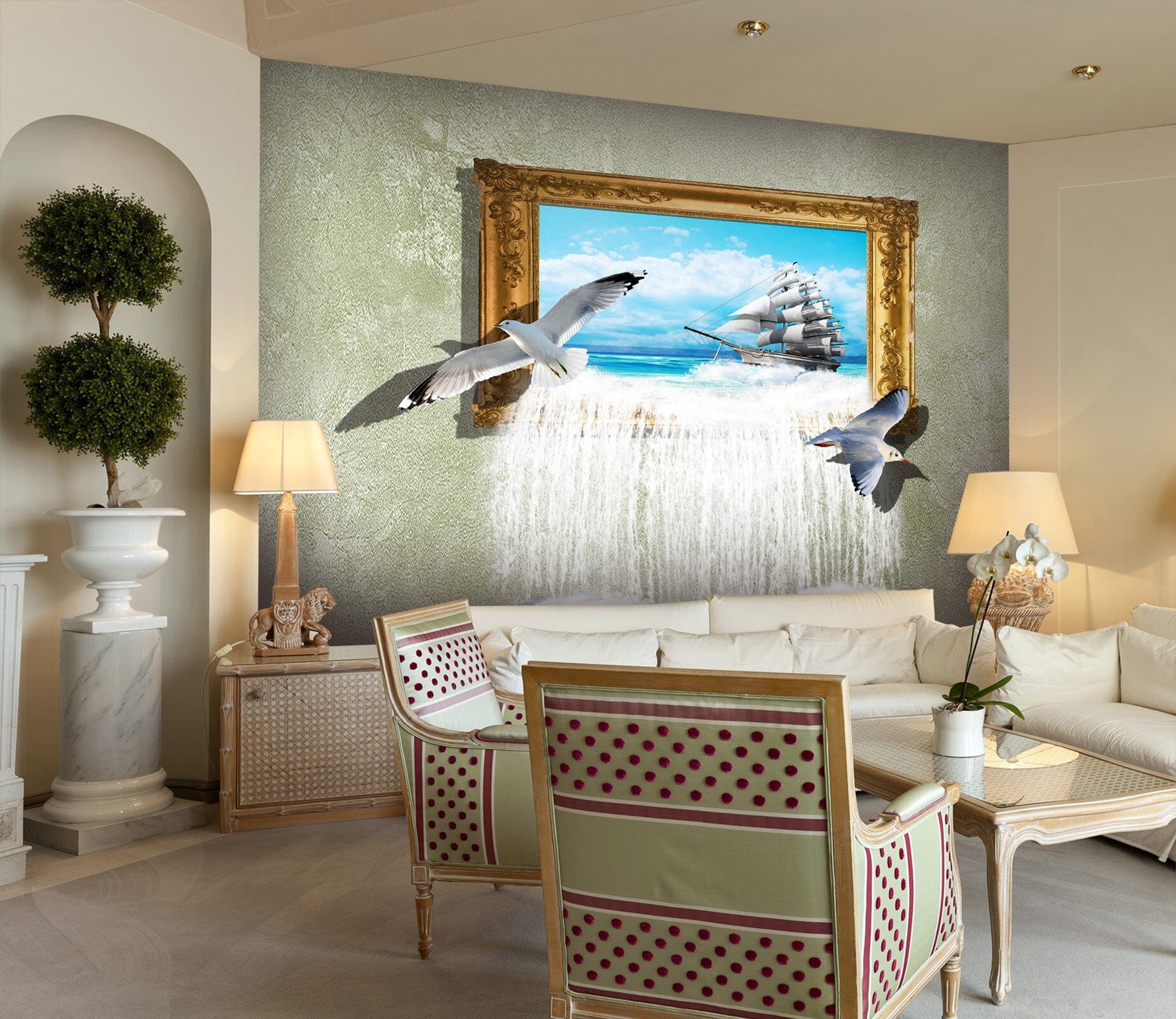 3D Boat Seagull 023 Wall Murals Wallpaper AJ Wallpaper 2 