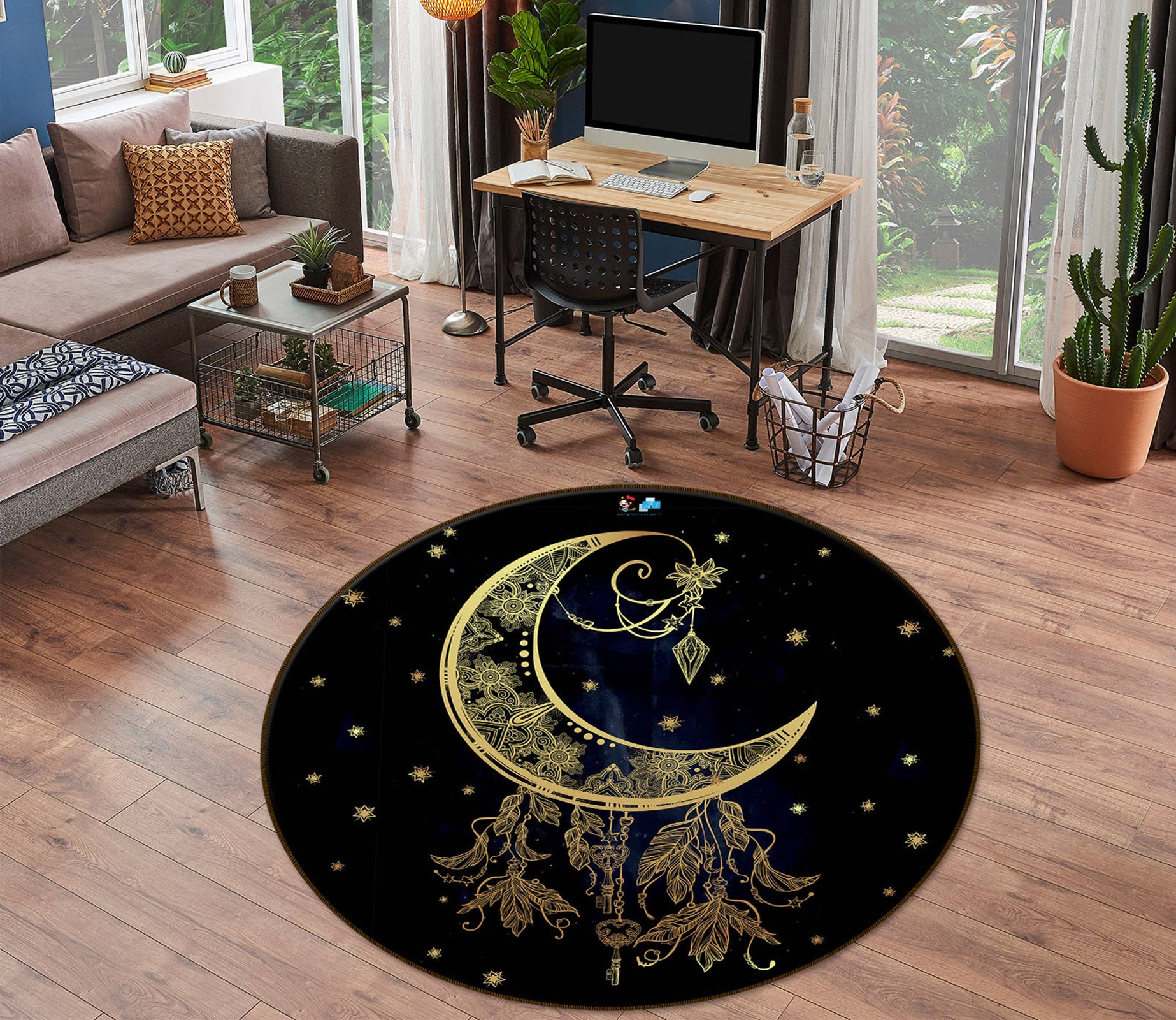 3D Golden Moon Pattern 75121 Round Non Slip Rug Mat