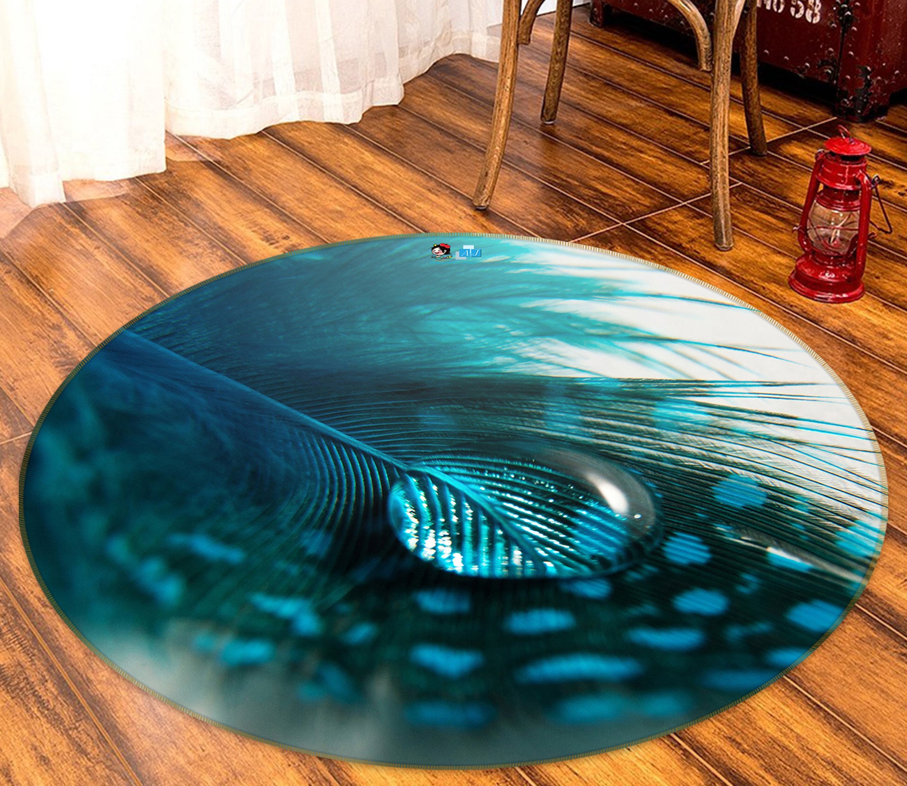 3D Peacock Feather 81158 Round Non Slip Rug Mat