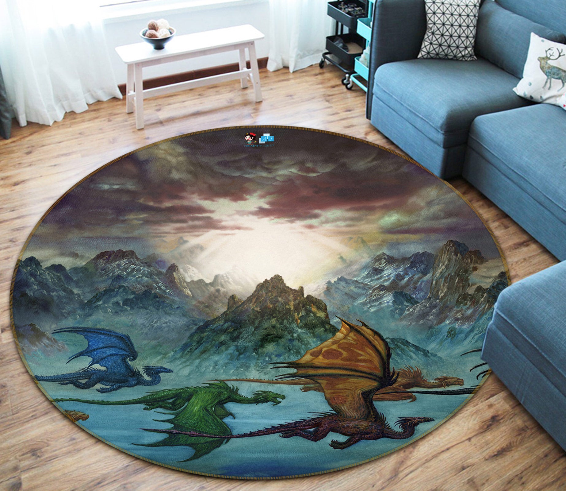 3D Mountain Peak Dragon 6124 Ciruelo Rug Round Non Slip Rug Mat
