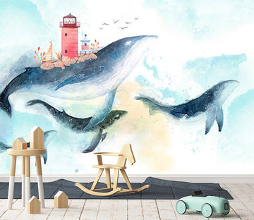 3D Whale Lighthouse WC553 Wall Murals