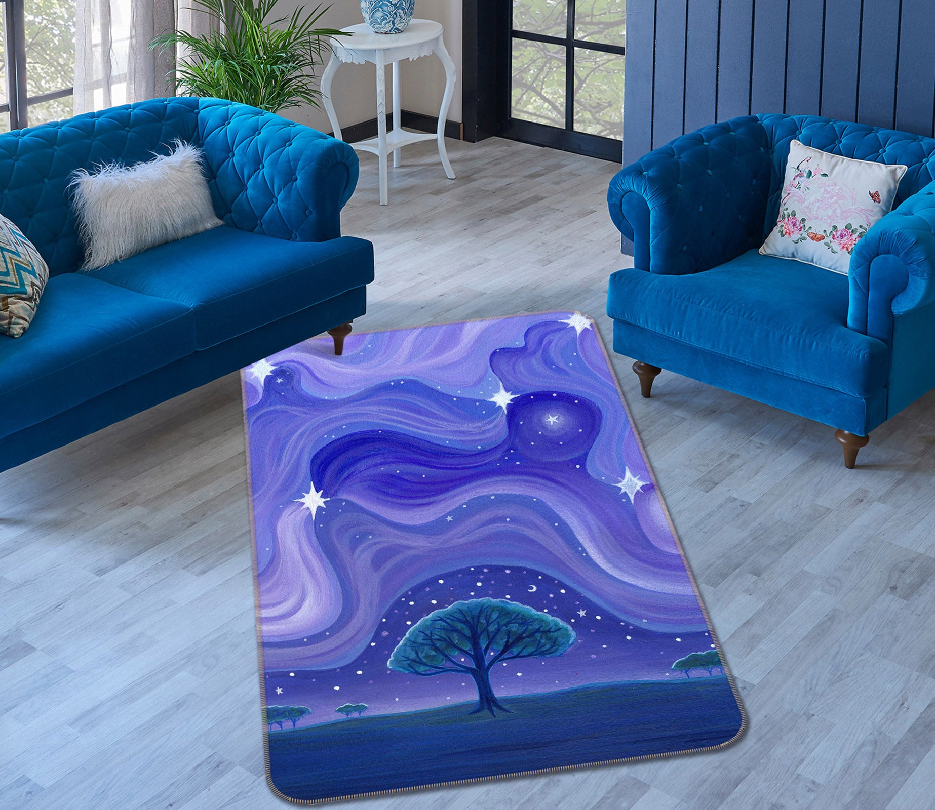 3D Purple Starry Sky Tree 65054 Non Slip Rug Mat