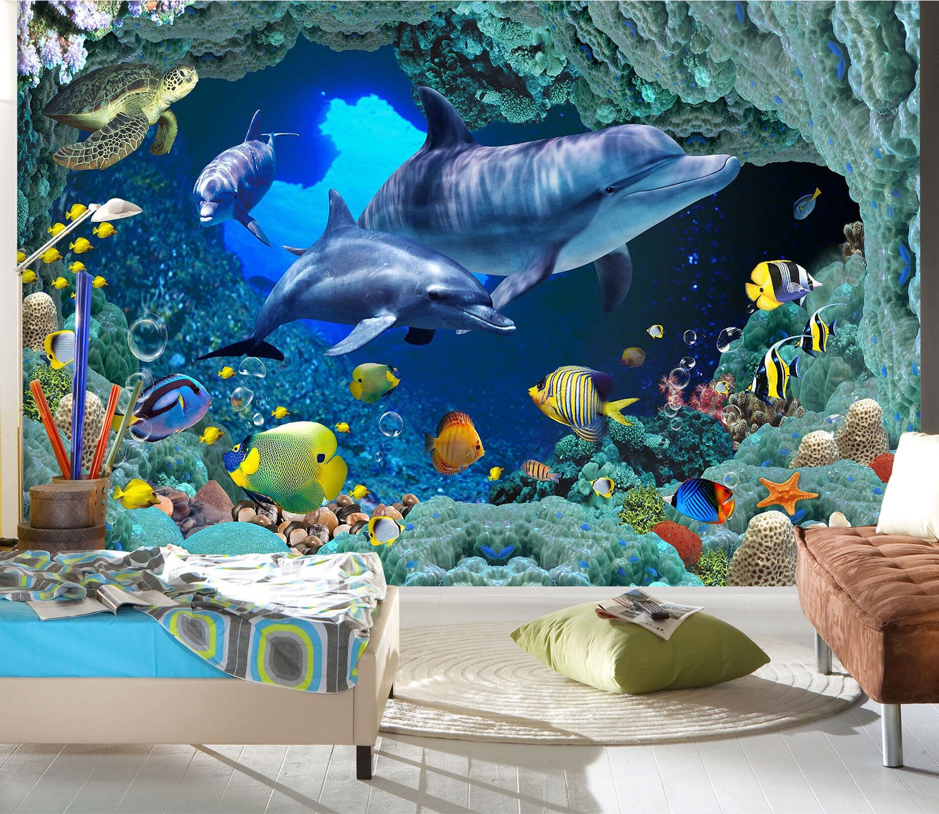 3D Dolphin Swimming 1636 Wall Murals Wallpaper AJ Wallpaper 2 