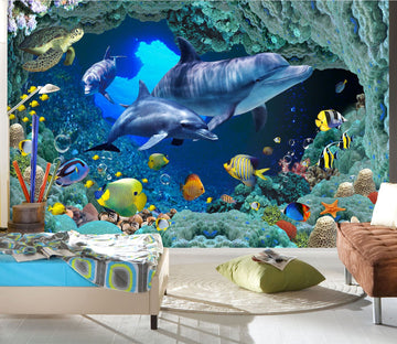 3D Dolphin Swimming 1636 Wall Murals Wallpaper AJ Wallpaper 2 