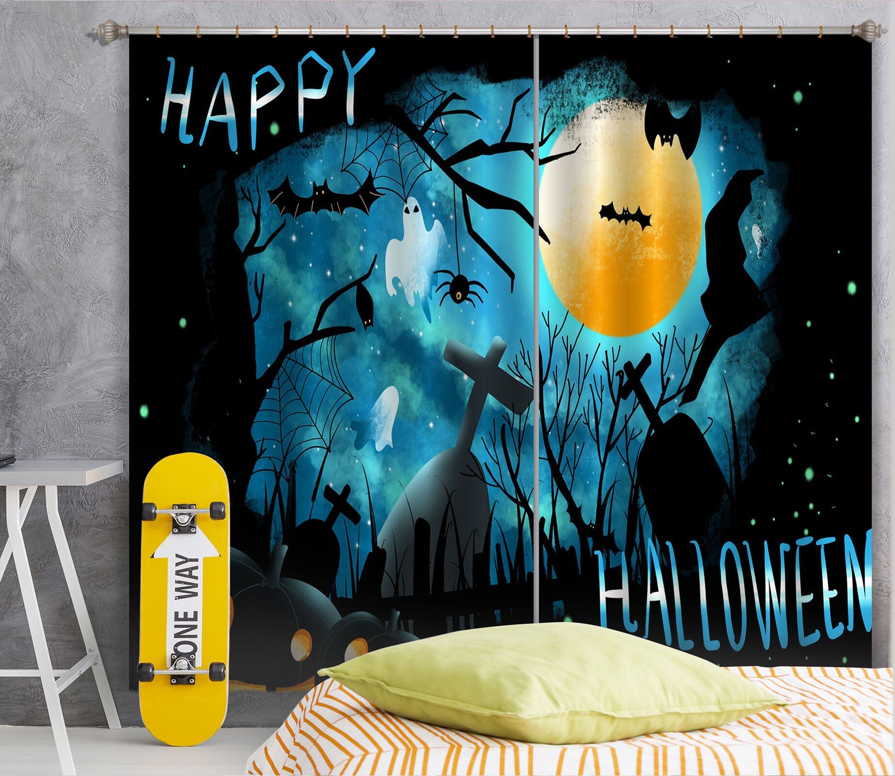 3D Moon Bat Graveyard 025 Halloween Curtains Drapes Curtains AJ Creativity Home 