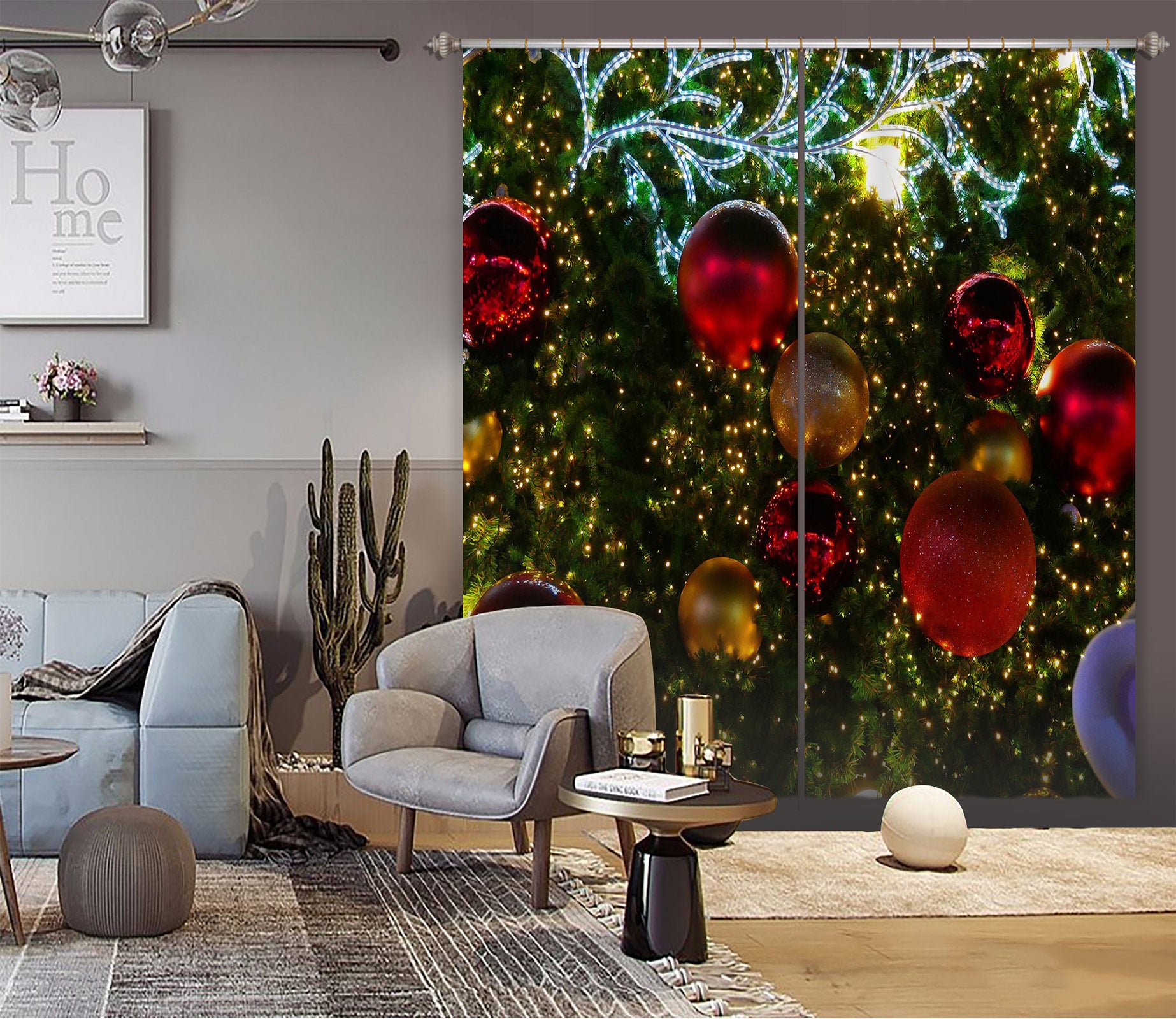 3D Red Golden Ball 52053 Christmas Curtains Drapes Xmas