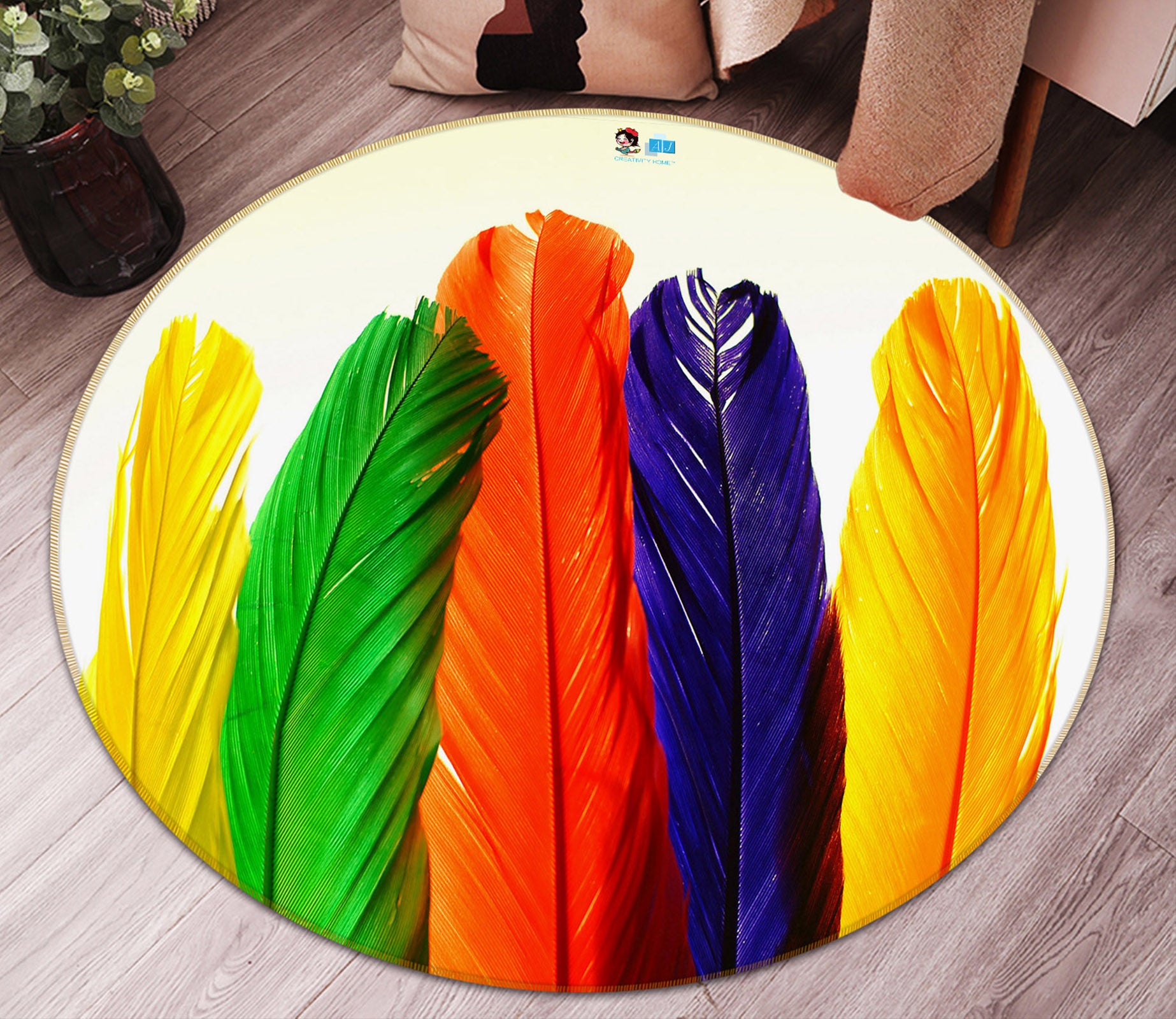 3D Colored Feathers 74012 Round Non Slip Rug Mat
