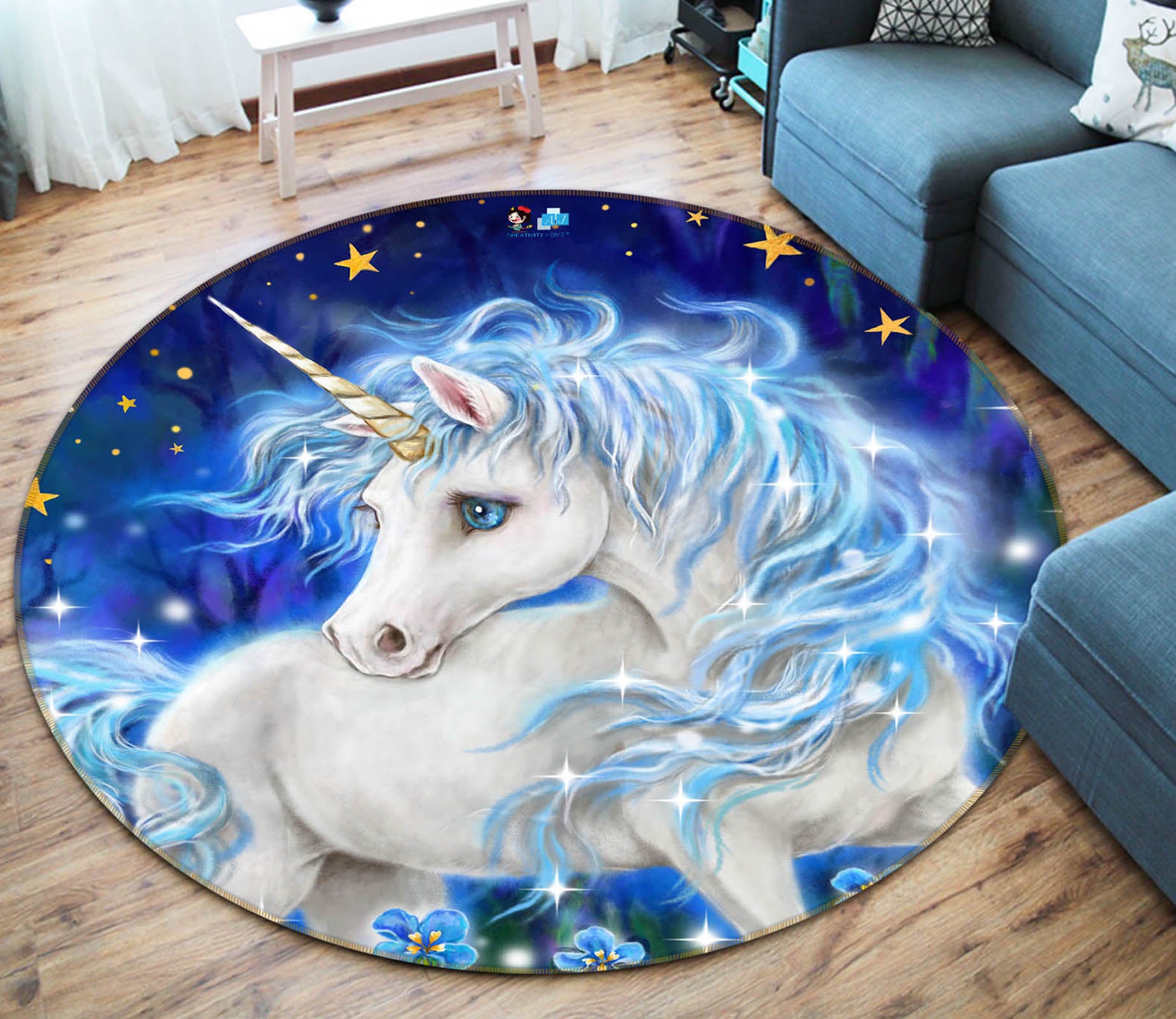 3D Unicorn Moon Stars 6012 Kayomi Harai Rug Round Non Slip Rug Mat