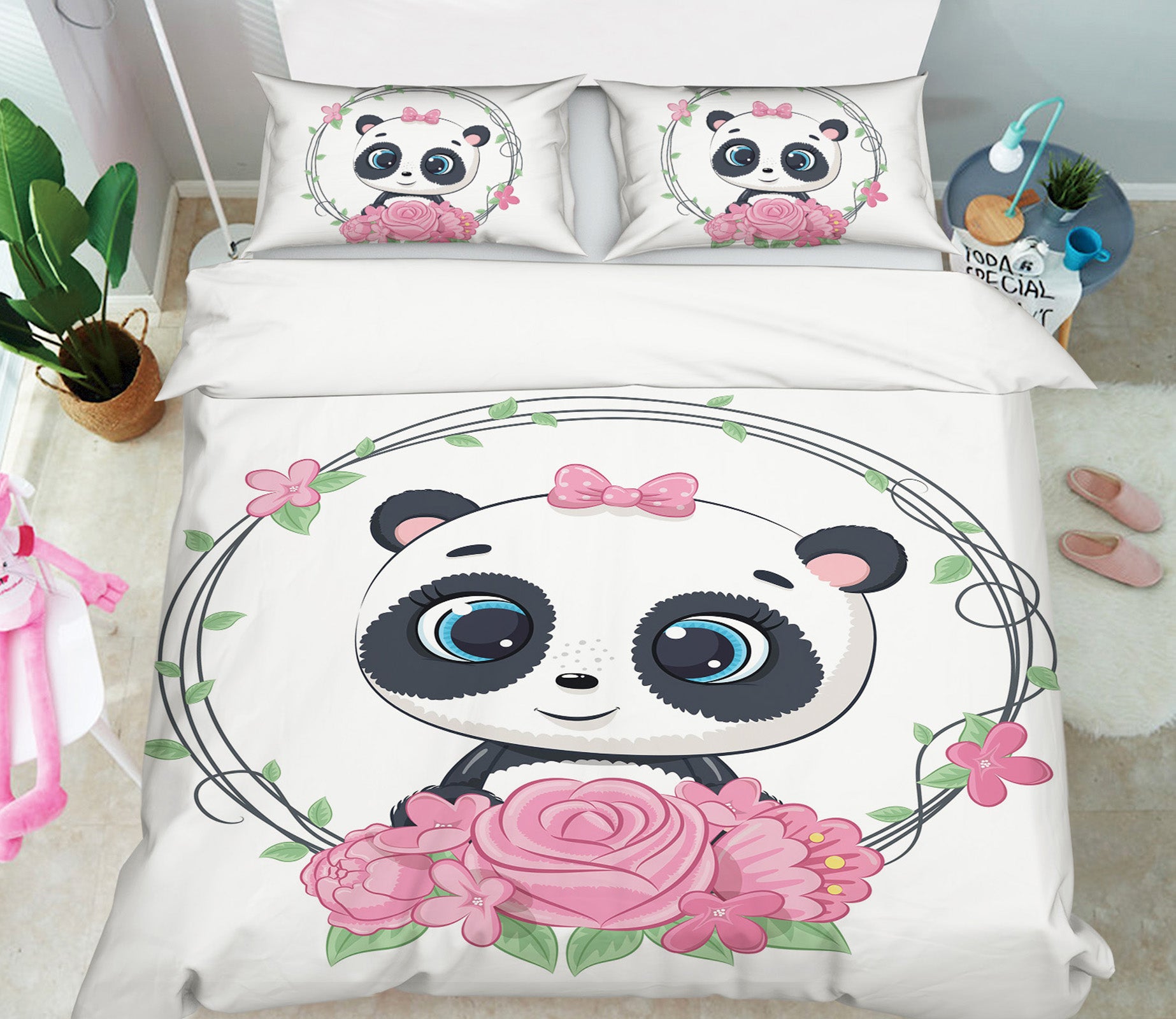 3D Pink Flower Panda 59056 Bed Pillowcases Quilt