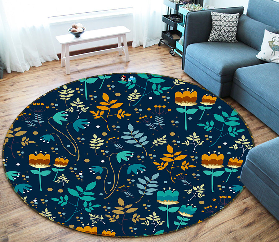 3D Blue Orange Flowers Pattern 64050 Round Non Slip Rug Mat