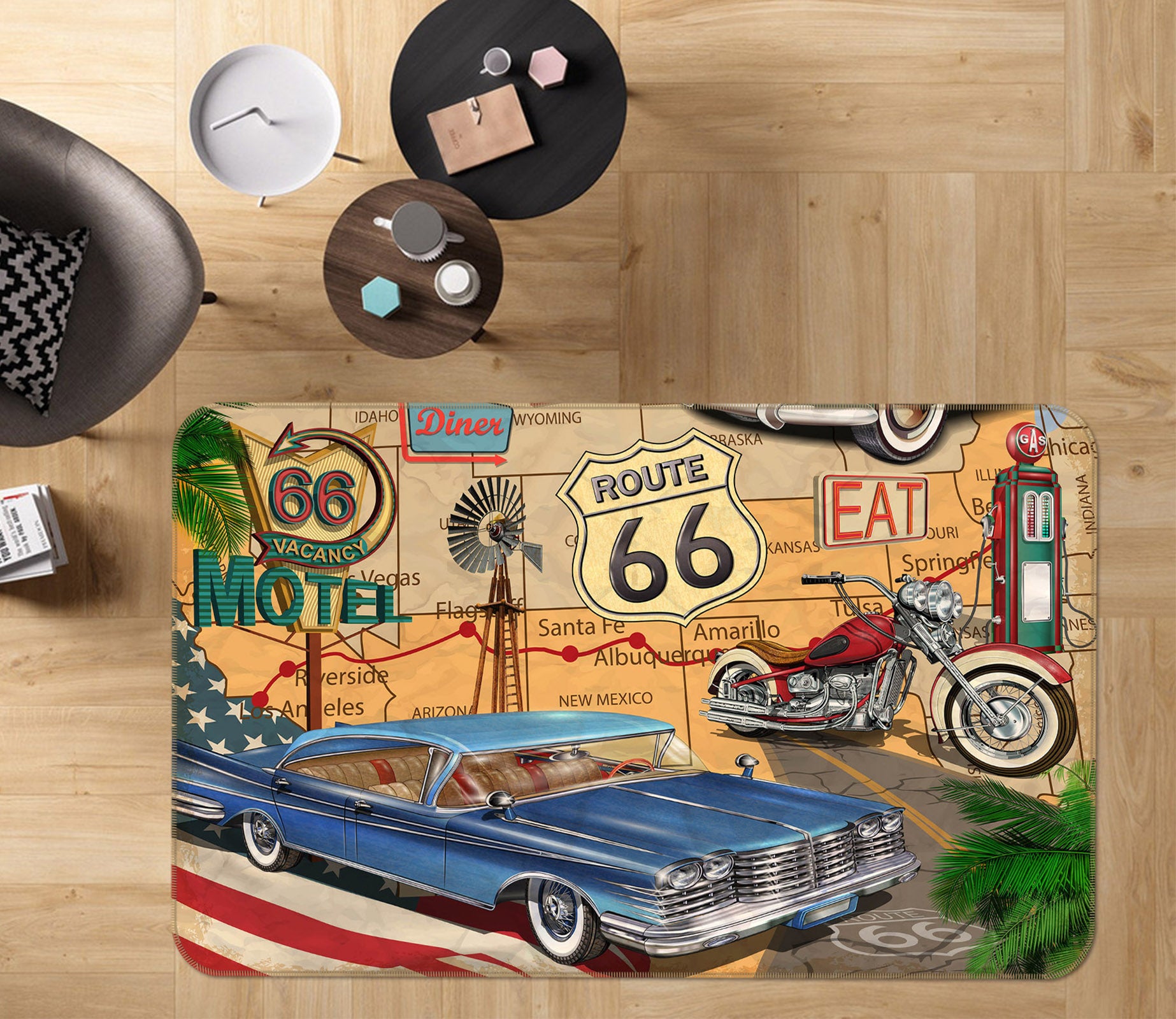 3D Retro Blue Car Motorcycle 68071 Vehicle Non Slip Rug Mat