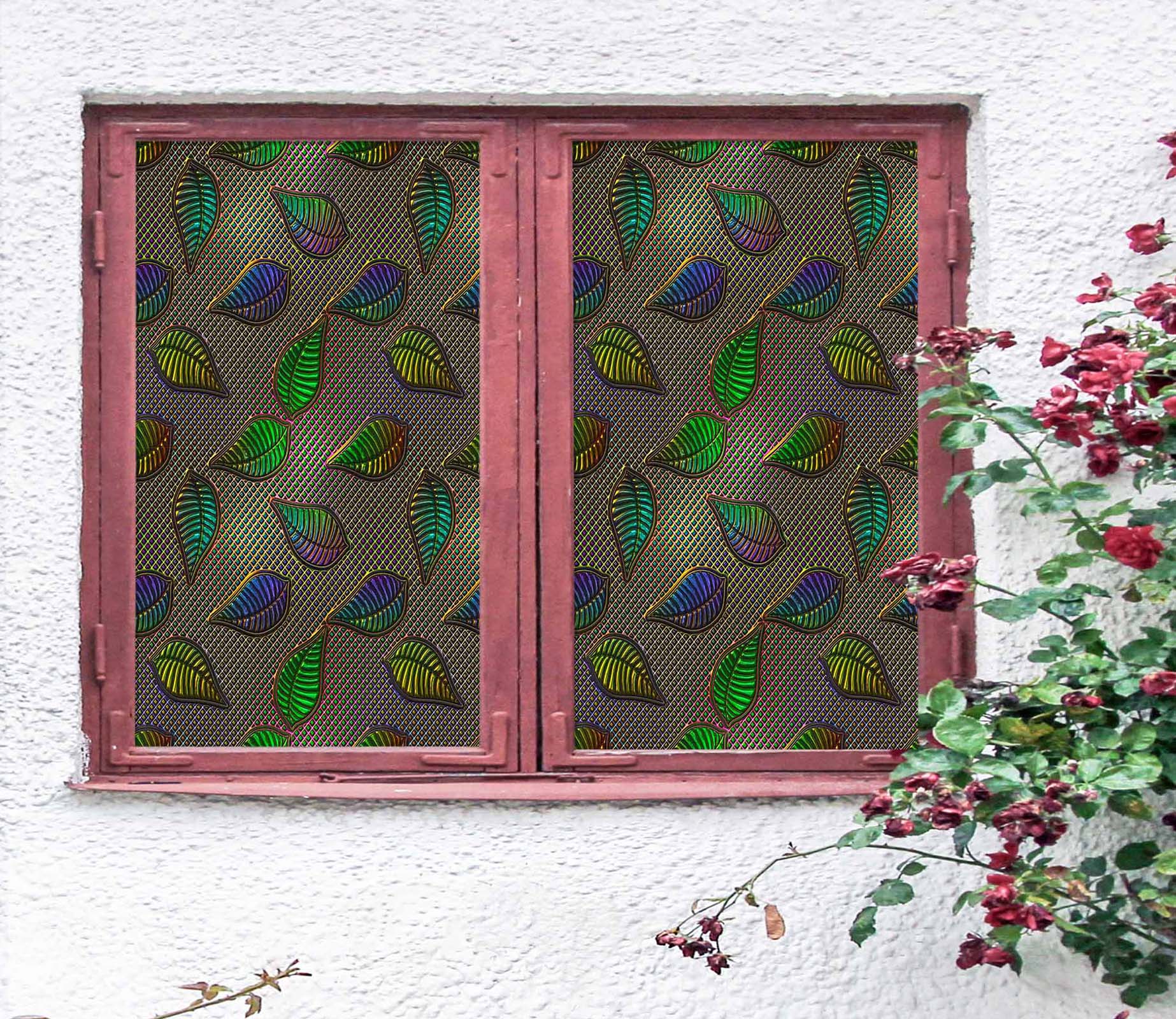 3D Green Leaves 443 Window Film Print Sticker Cling Stained Glass UV Block