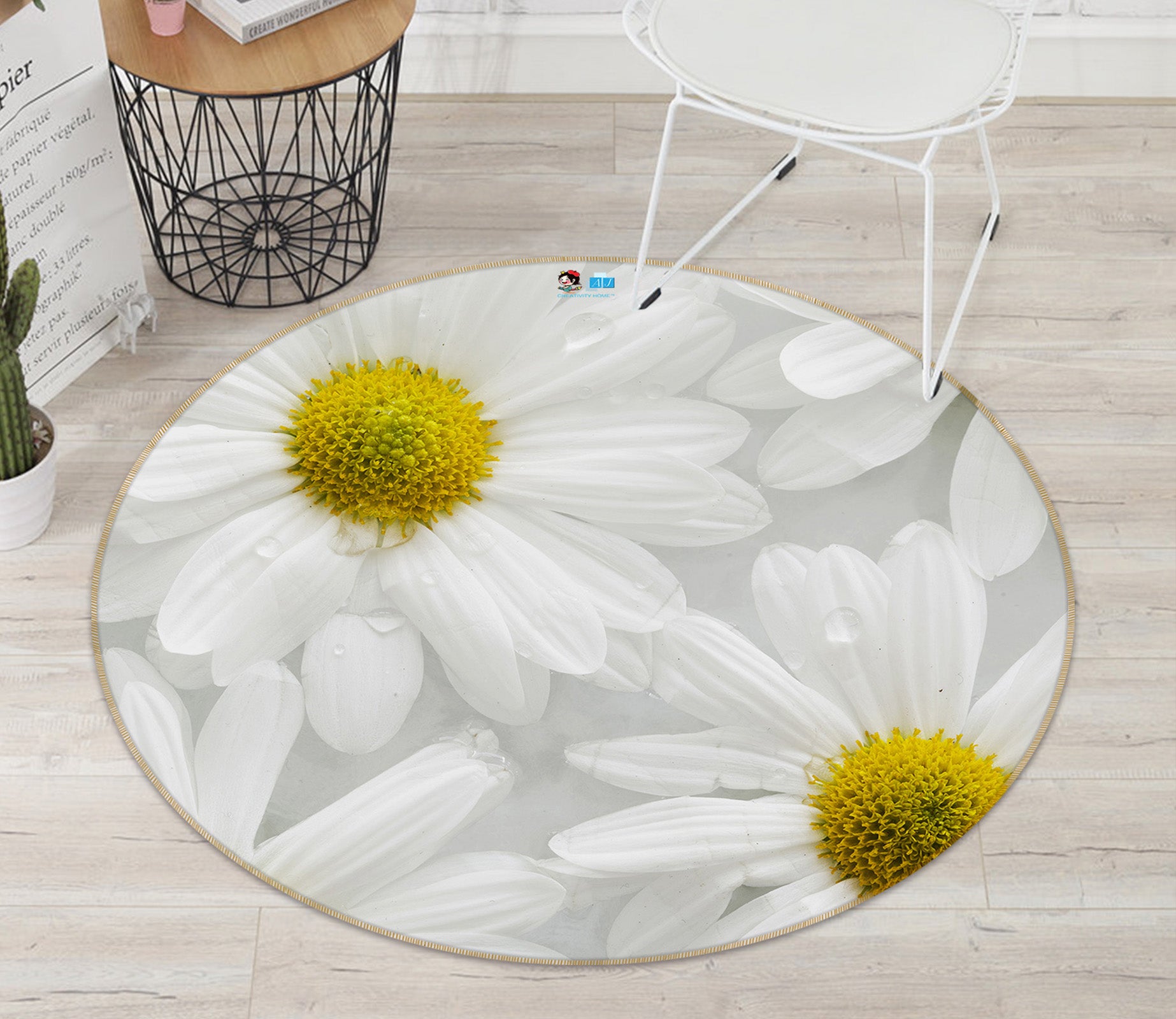 3D White Flowers 74037 Round Non Slip Rug Mat