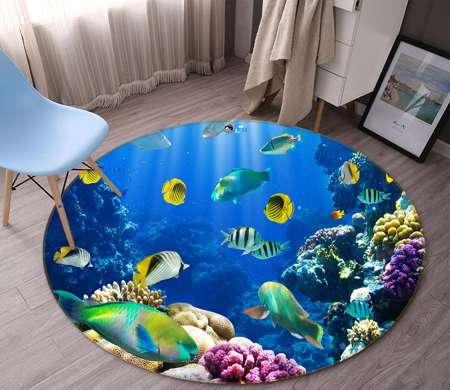 3D Seabed Fish 80262 Round Non Slip Rug Mat