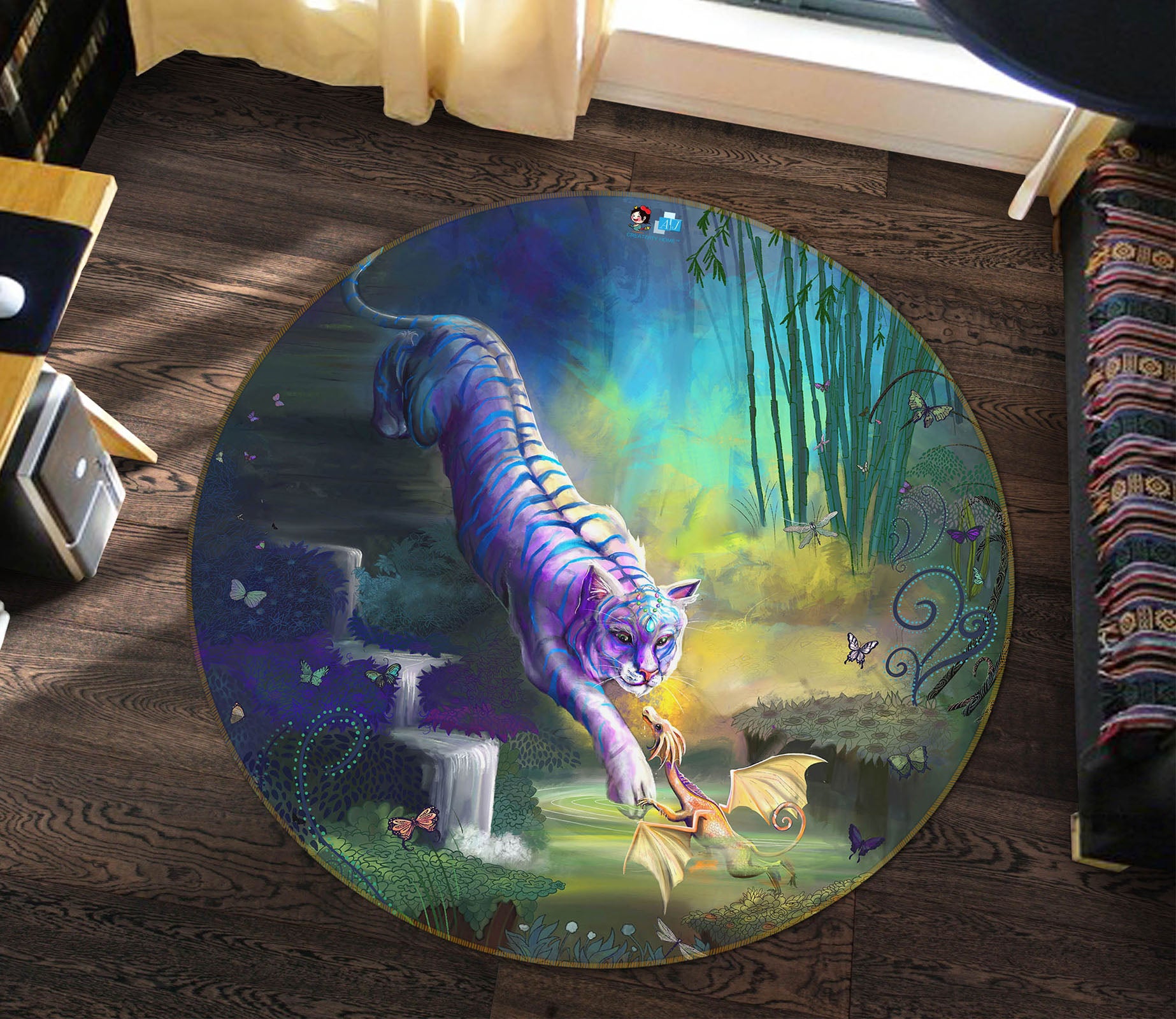 3D Jungle Purple Tiger 83172 Rose Catherine Khan Rug Round Non Slip Rug Mat