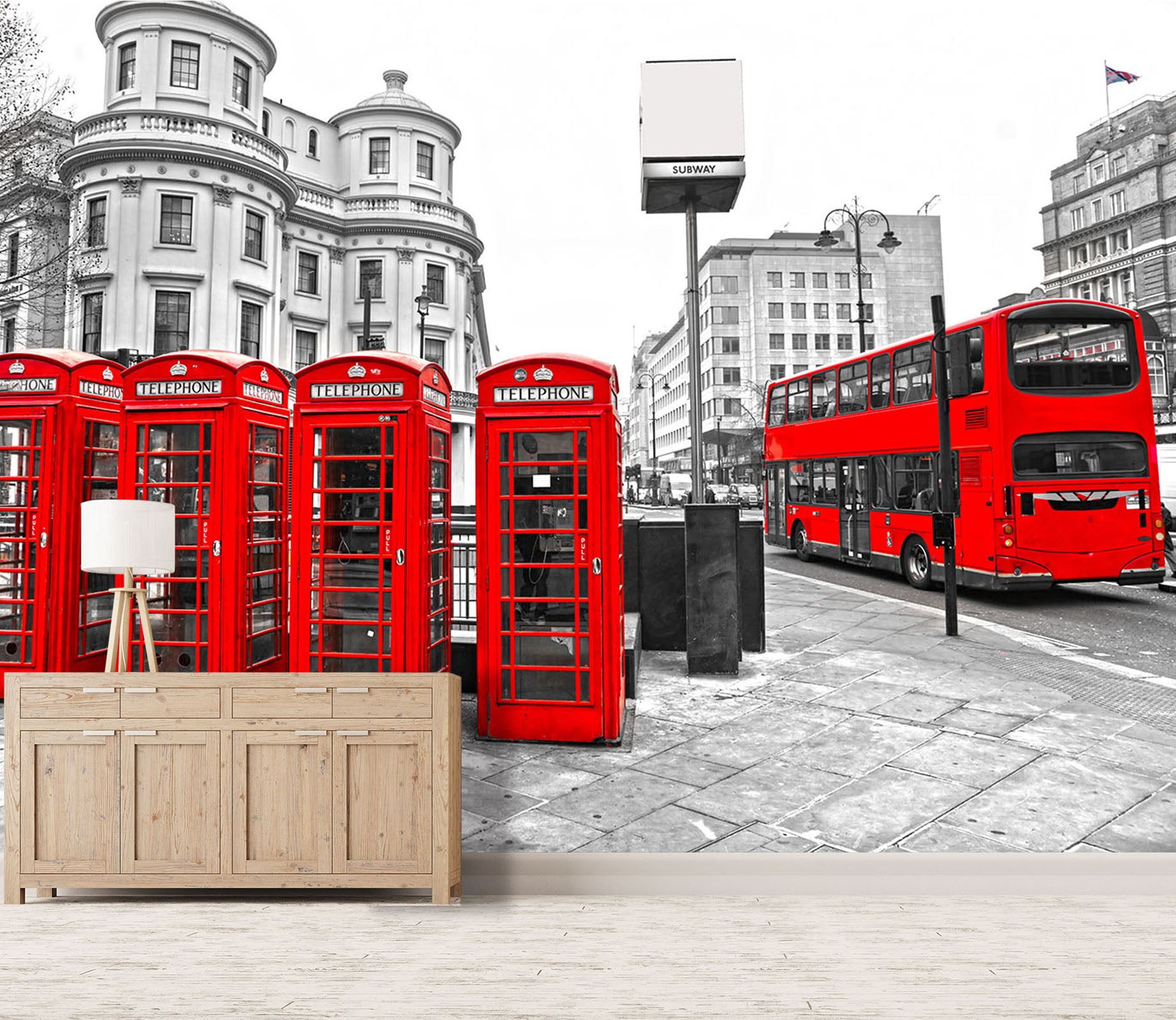 3D Telephone Booth Bus 115 Vehicle Wall Murals