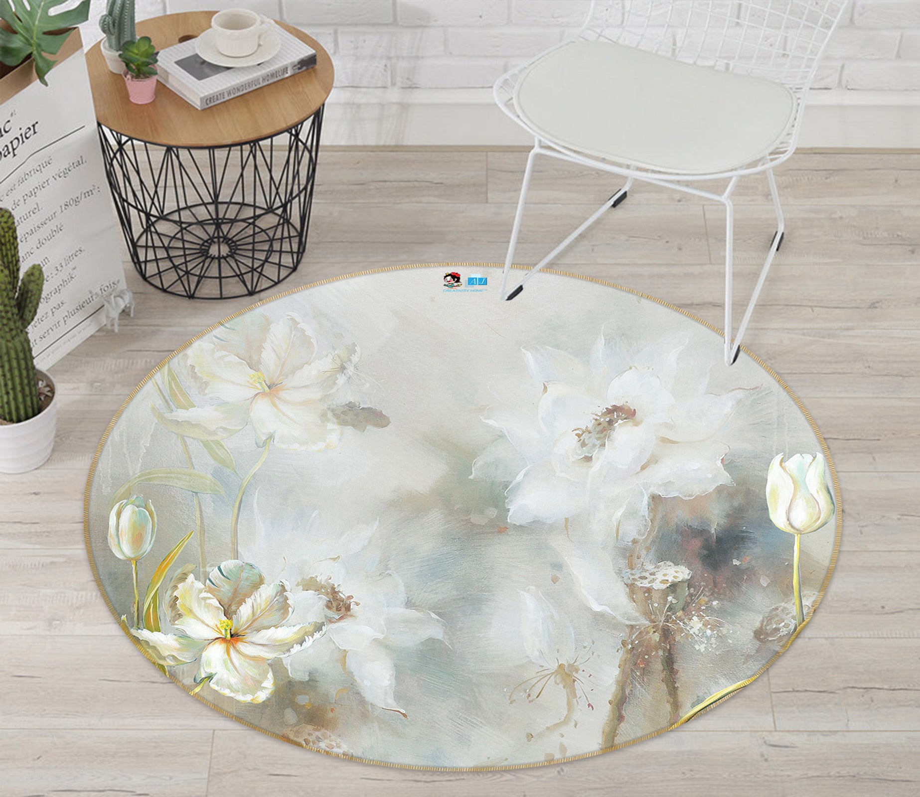 3D White Flowers 80288 Round Non Slip Rug Mat